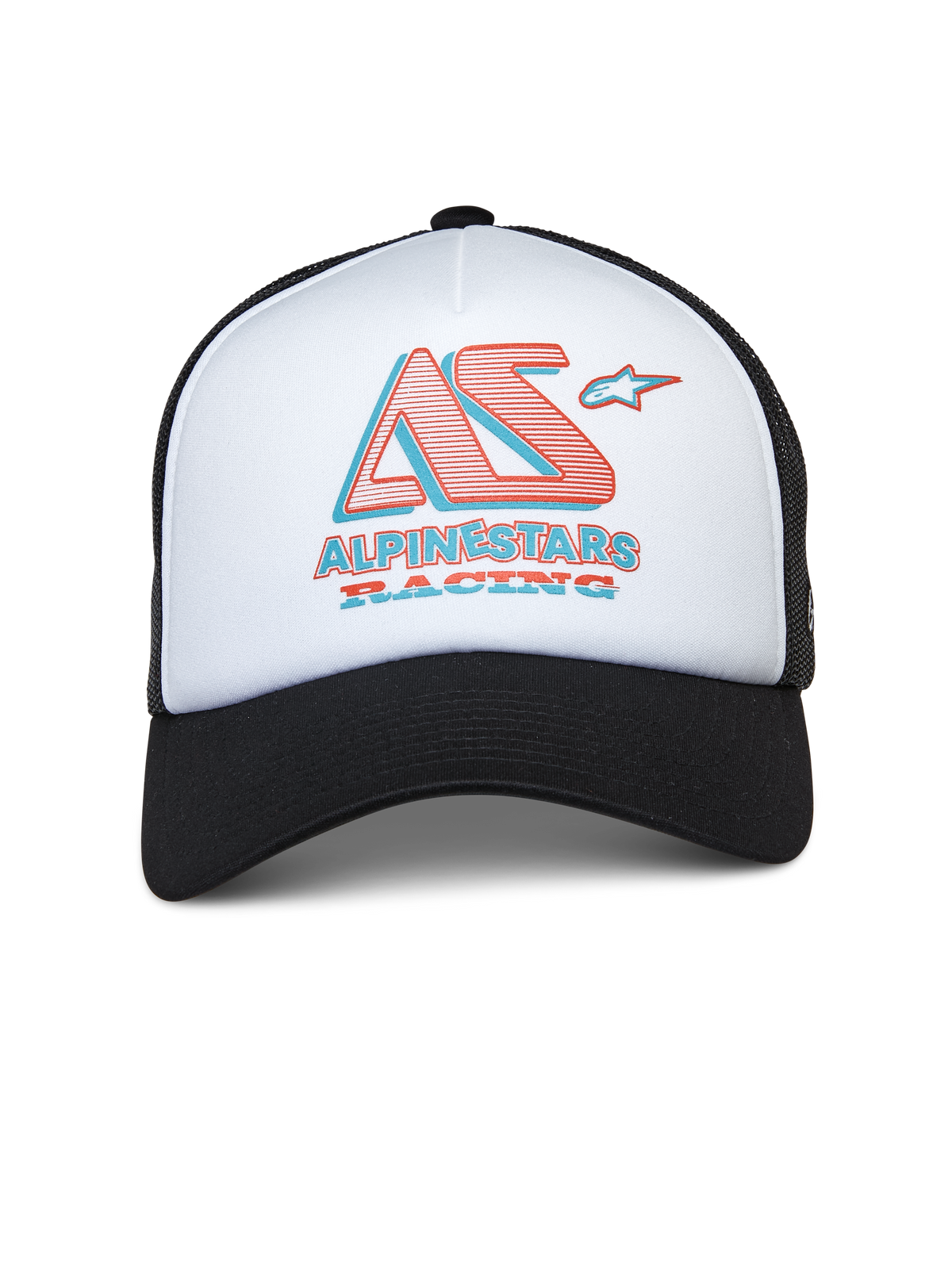 Alpinestars Ayess Trucker pet, wit en zwarte trucker pet, wit schuim voorpaneel met zwarte gebogen klep en mesh achterkant, gestileerd AS- en Alpinestars Racing-logo in rood en blauw, casual motorsport-geïnspireerde streetwear