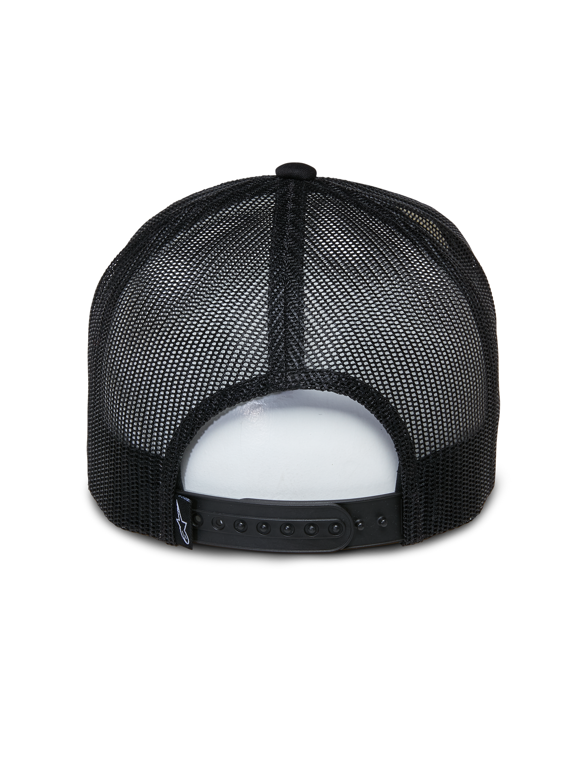 Alpinestars Ayess Trucker Pet, casual sportpet, wit en zwart, achteraanzicht met zwarte ademende mesh-panelen en verstelbare snapback-sluiting, klassiek trucker-ontwerp met schuimkroon