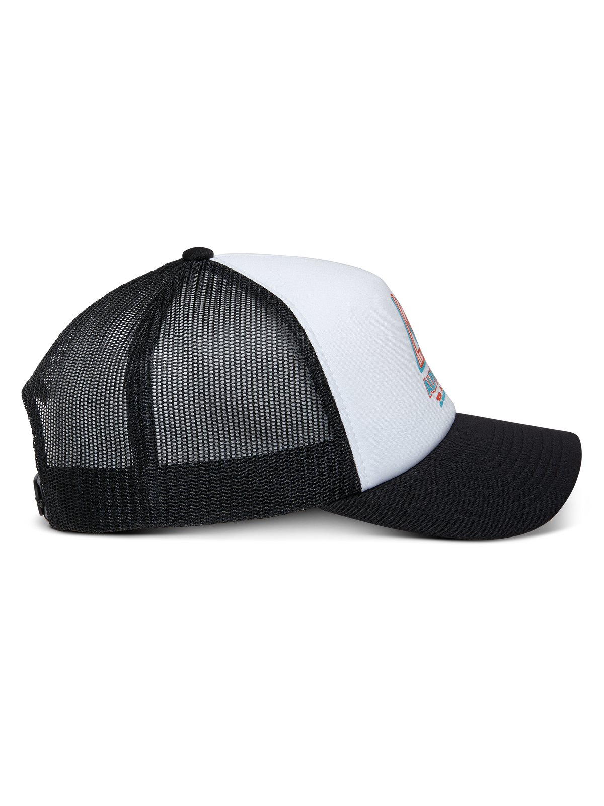 Alpinestars Ayess Trucker Pet, wit en zwart, zijaanzicht met een gebogen zwarte klep, witte foam kroon met logoprint voorop en ademende zwarte mesh achterkant, casual motorsport hoofdbedekking
