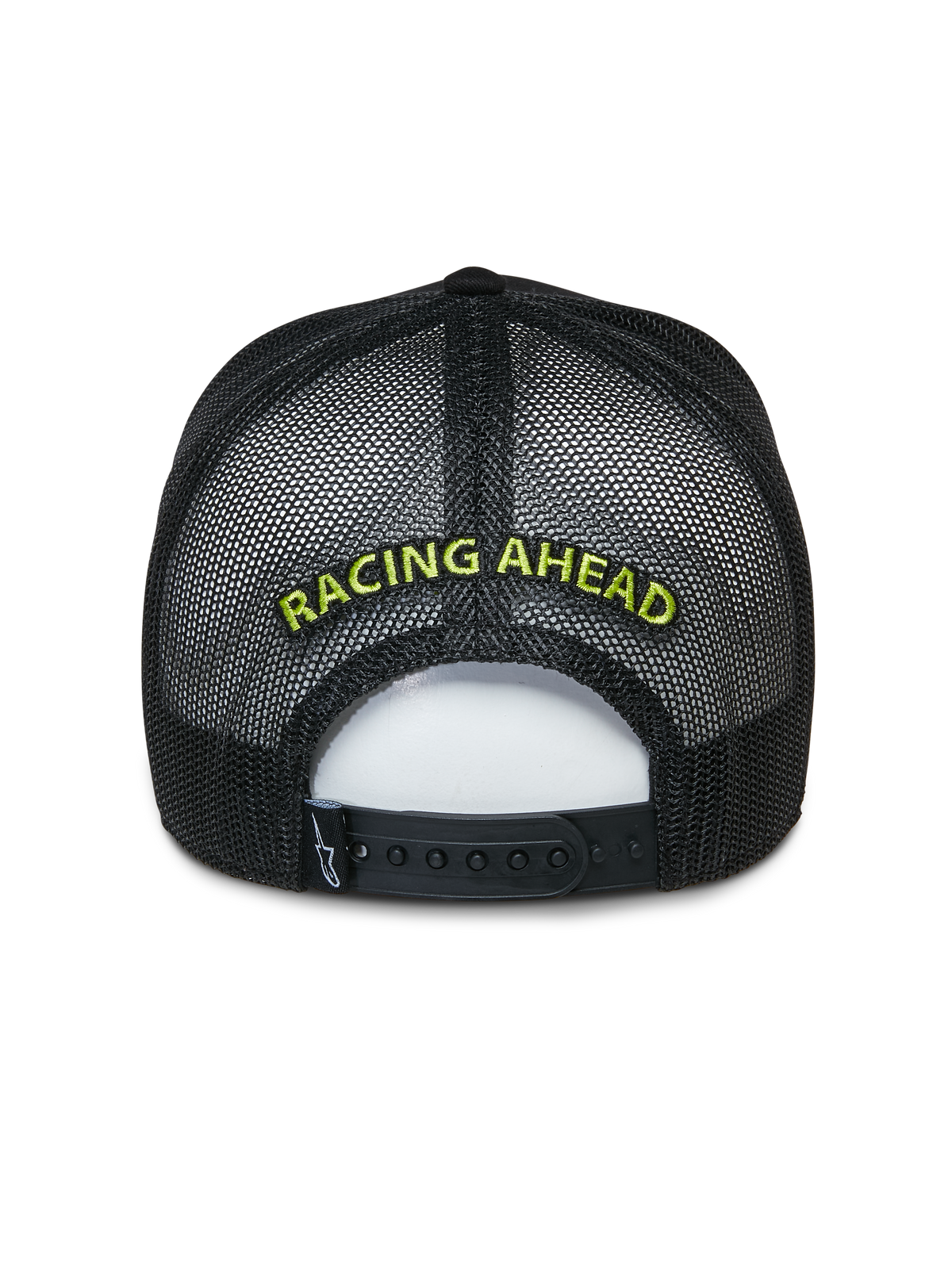 Alpinestars Exceed Trucker Hat, Black Trucker Cap, Back view showing mesh panels and snap-back closure, Lime Green 'RACING AHEAD' embroidery, casual motorsport-inspired headwear