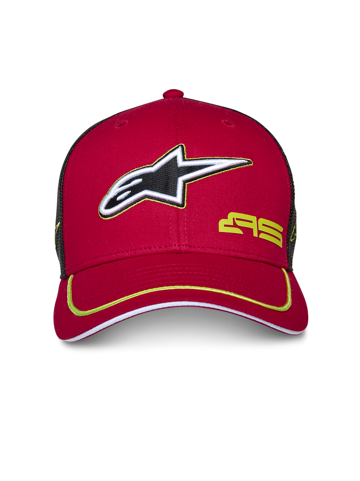 Alpinestars Exceed Trucker pet, rood en zwart, gebogen klep met limoengroene bies, 3D-geborduurd Alpinestars-logo, zwarte mesh achterzijde, gestructureerde kroon, casual motorsport hoofdbedekking