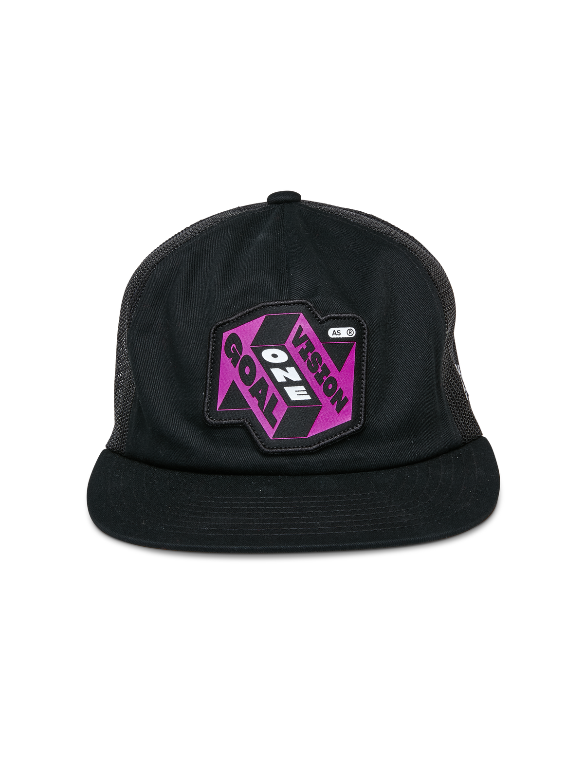 Casquette Trucker Alpinestars That Way, casquette trucker noire, dotée d'un écusson graphique violet et noir avec le texte « One Vision One Goal », visière plate, couronne structurée et panneaux arrière en mesh, couvre-chef décontracté inspiré des sports mécaniques