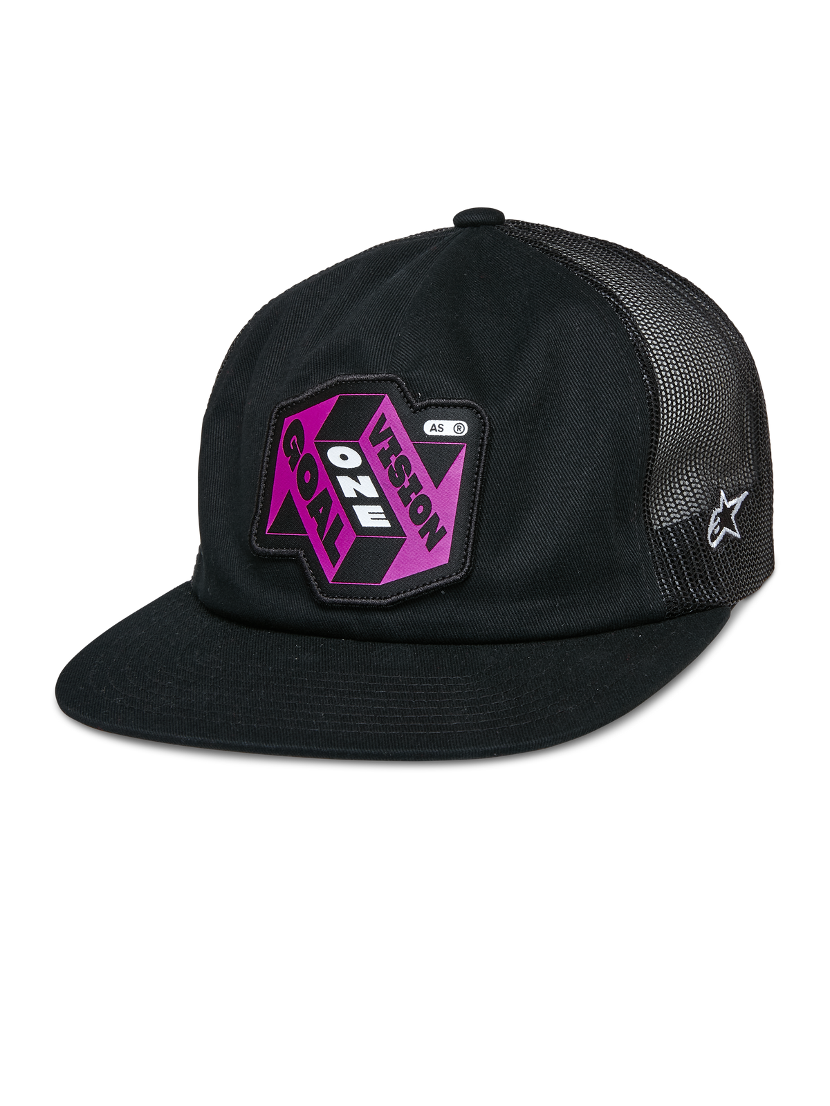 Alpinestars That Way Trucker Hat, casquette snapback noire avec arrière en mesh, visière plate, patch rose et violet « Vision One Goal », logo étoile Alpinestars blanc, sportswear décontracté