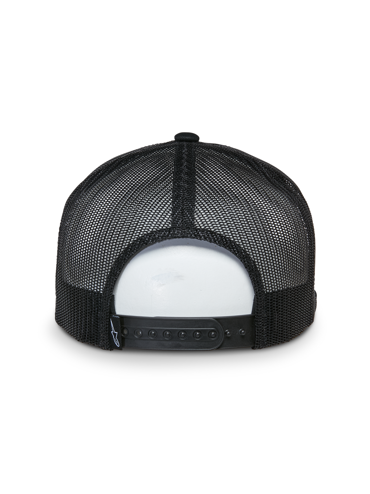 Casquette Trucker Alpinestars That Way, vue arrière, noire, panneaux arrière en mesh avec fermeture snapback réglable, petite étiquette logo tissée, couvre-chef décontracté inspiré du sport automobile