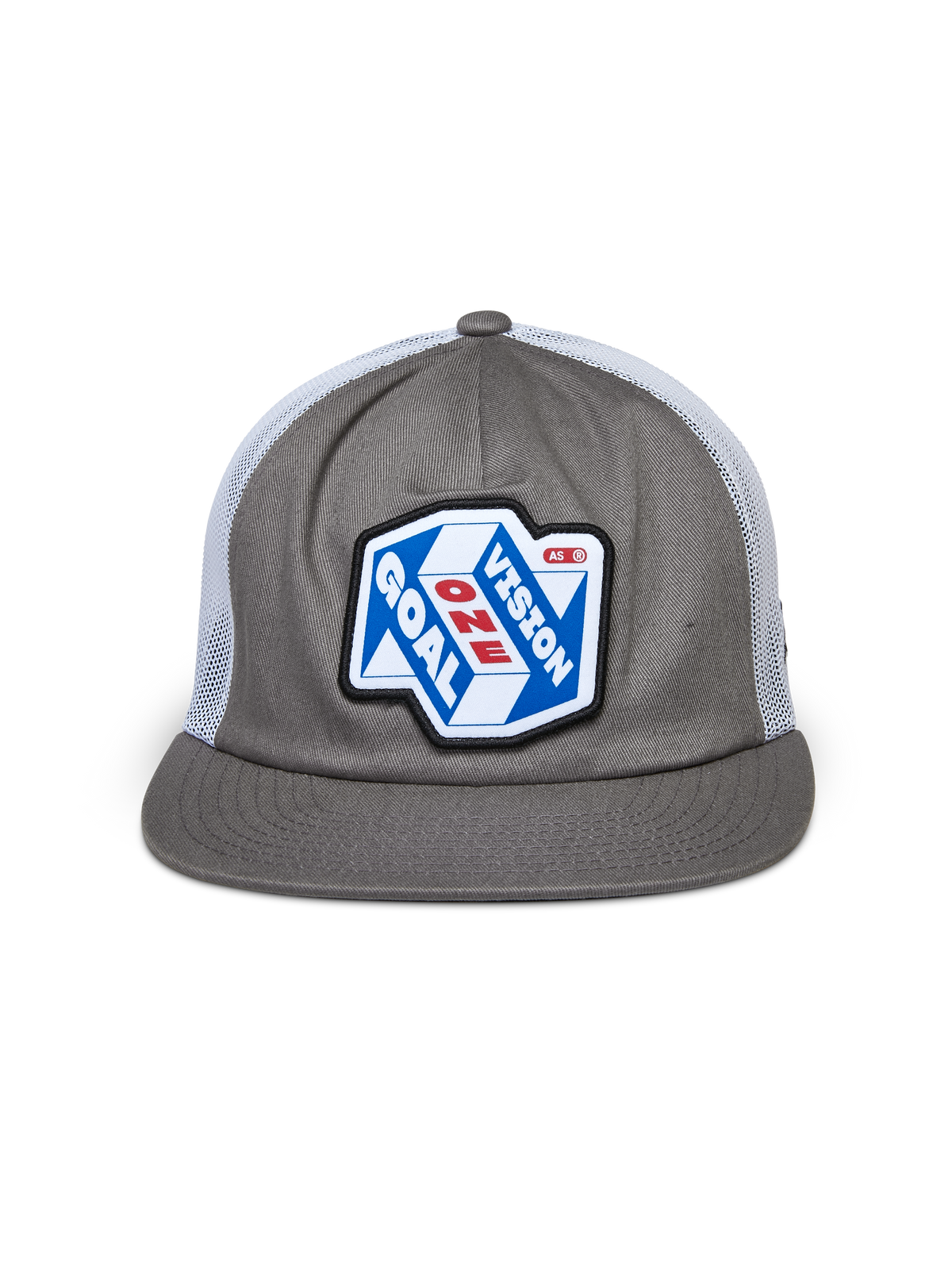 Casquette Trucker Alpinestars That Way, gris et blanc, couronne structurée avec visière plate et arrière en mesh blanc, dotée d'un grand écusson frontal avec le graphisme « One Goal One Vision », style streetwear décontracté inspiré du sport automobile