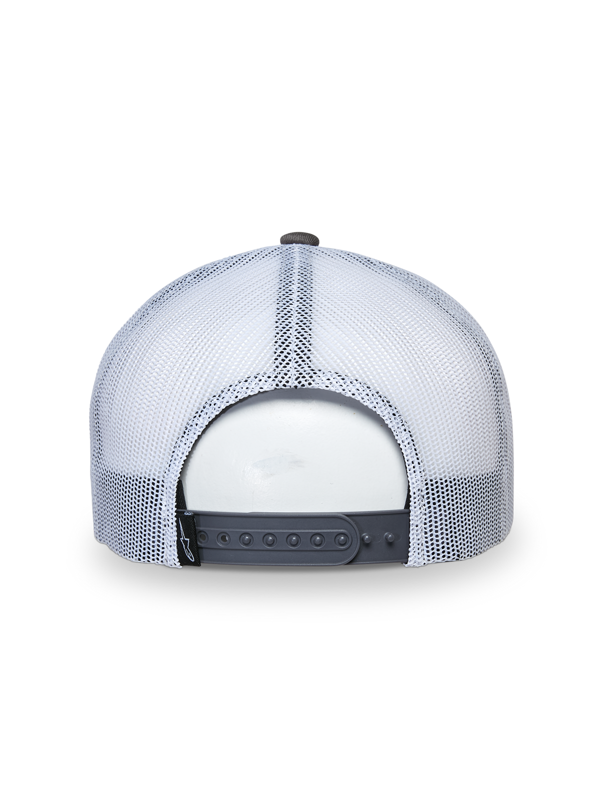 Casquette Trucker Alpinestars That Way, casquette trucker, gris et blanc, vue arrière montrant les panneaux en maille filet blanche et la fermeture snapback grise, ajustement réglable, couvre-chef sportswear décontracté
