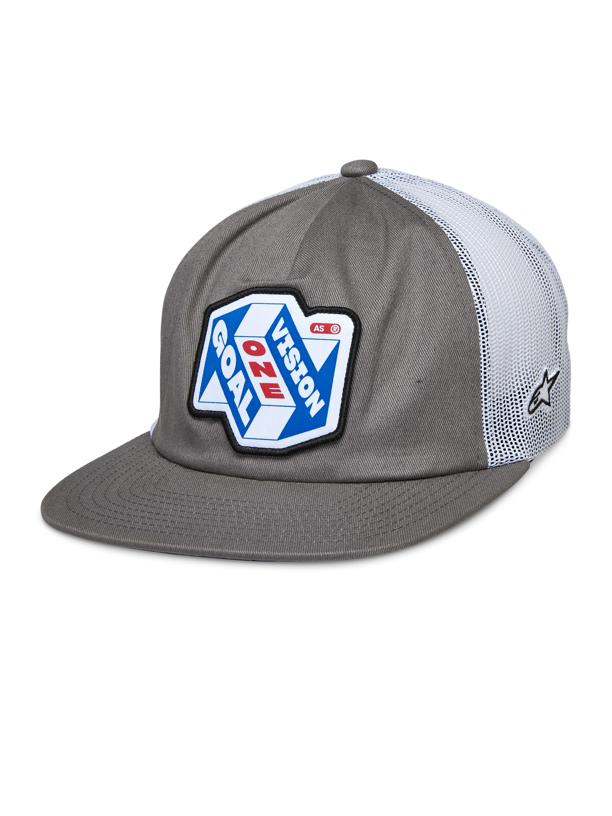 Alpinestars That Way Trucker Hat, casquette snapback grise et blanche avec dos en mesh, patch graphique bleu et blanc arborant « ONE GOAL VISION » en rouge et blanc, visière plate, petit logo étoile sur le mesh, style motorsport décontracté
