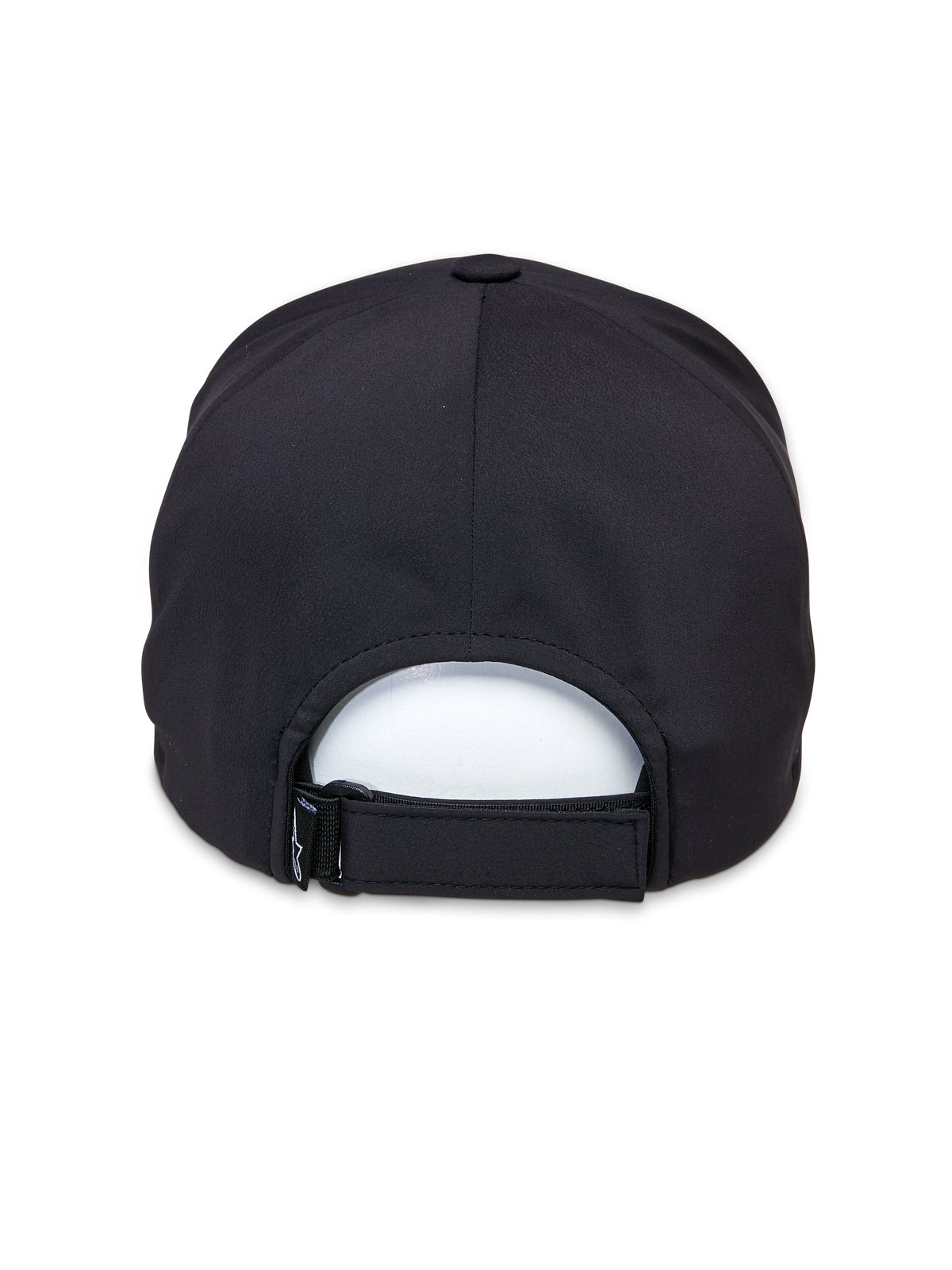 Alpinestars Apex Hat, Black, back view showing the adjustable Velcro strap, stitchless crown construction, and breathable performance fabric for casual sportswear.