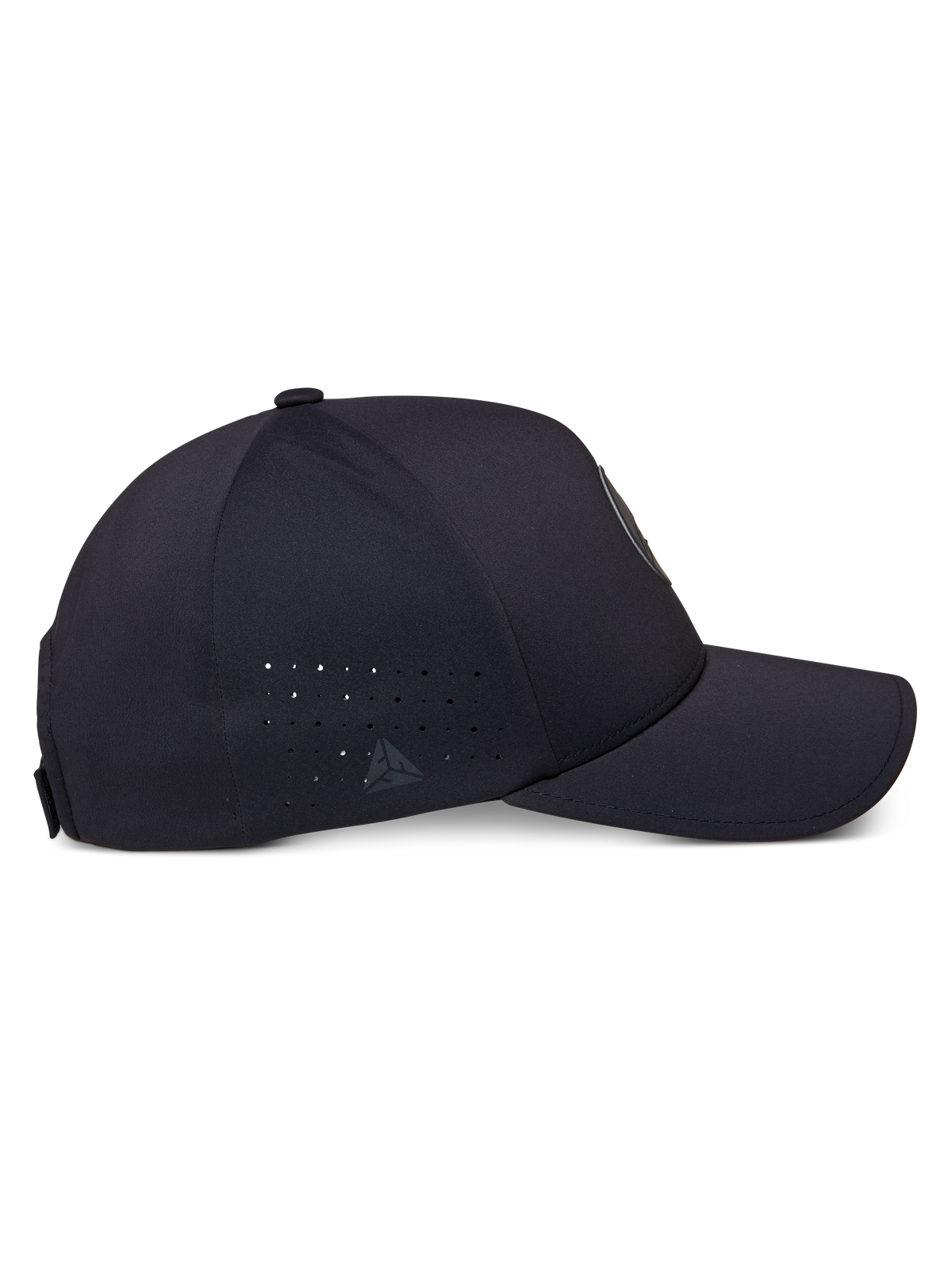 Alpinestars Apex Hat, Side Profile, Black, featuring a structured crown and curved bill, side panel perforations, small reflective logo, and smooth stitchless construction for a clean look