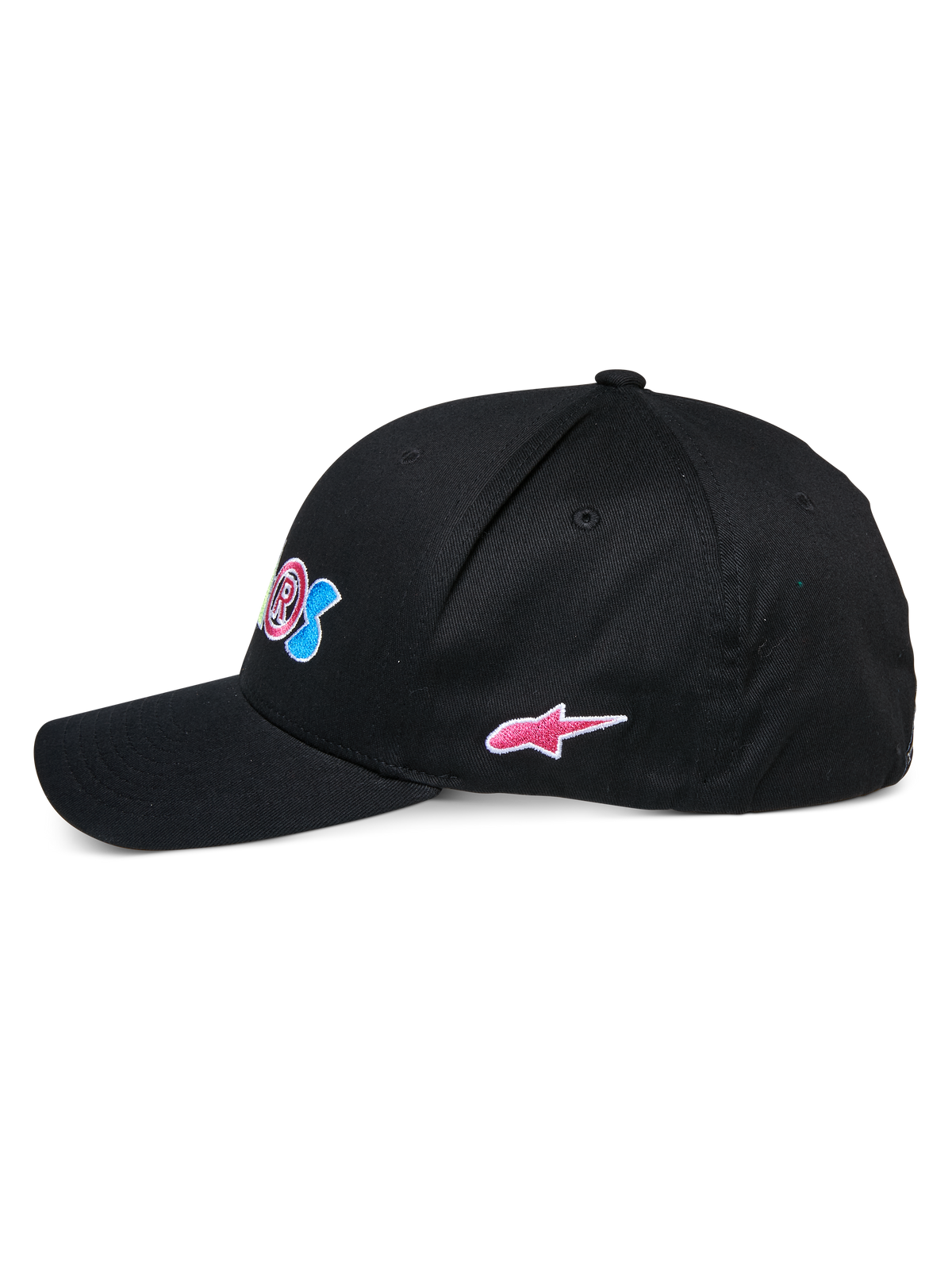 Alpinestars Cereal Hat, black baseball cap, side profile view, curved bill with structured crown, featuring colorful front embroidery and a pink Alpinestars star logo on the side, casual sportswear headwear