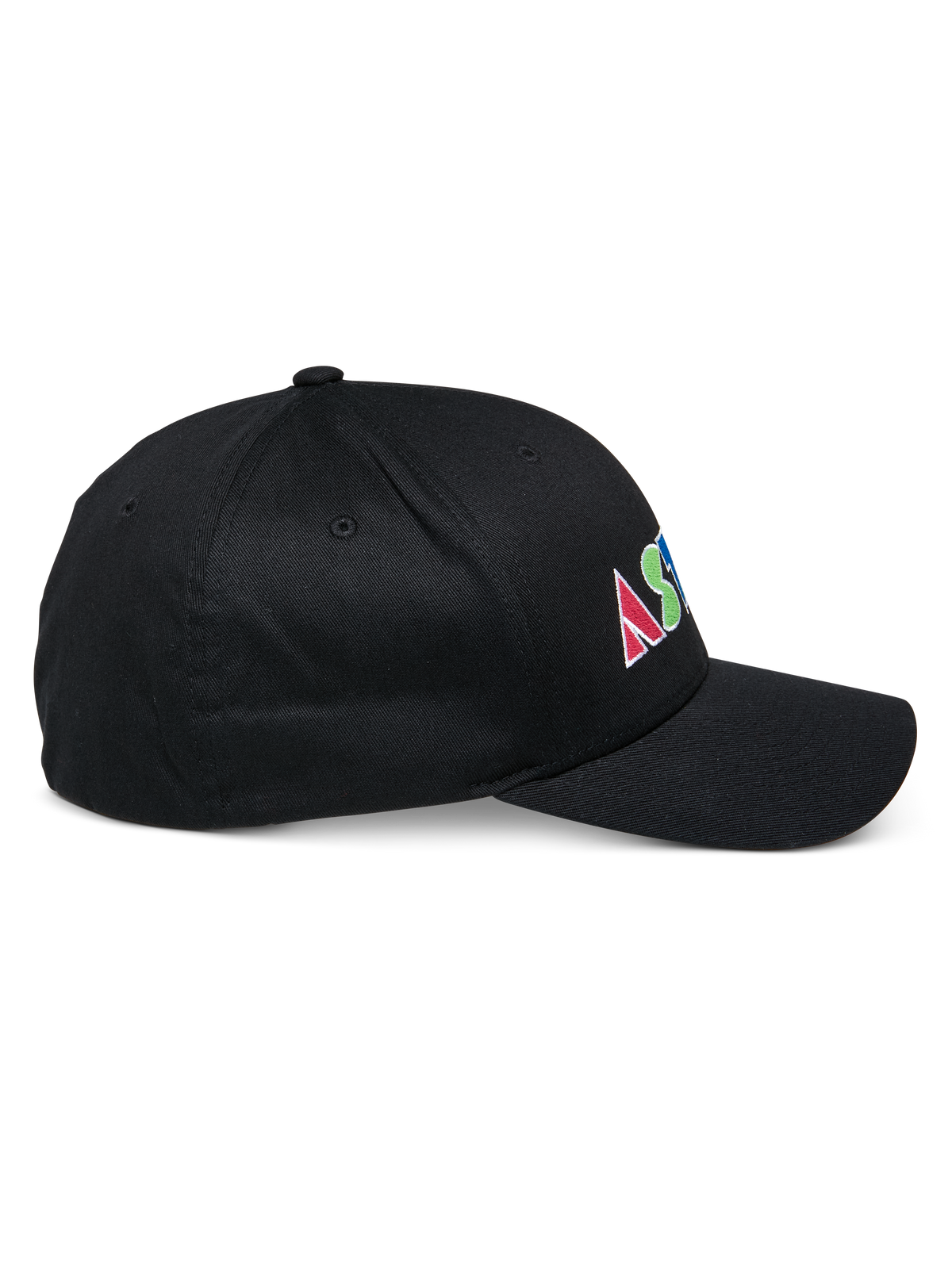Alpinestars Cereal Hat, Black structured baseball cap, side profile view, colorful flat embroidery logo on the side with geometric letters, curved bill, casual sportswear design.
