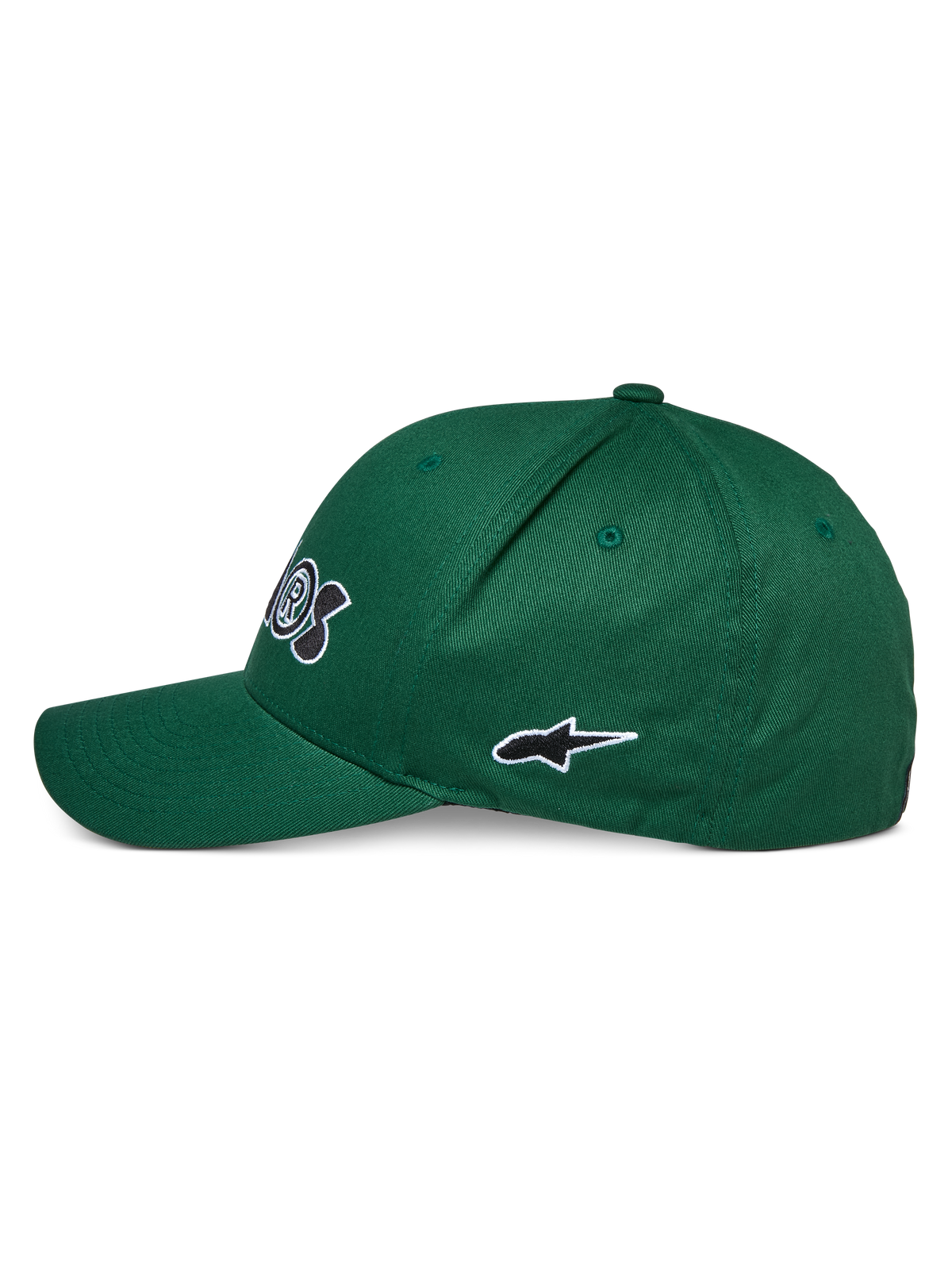 Alpinestars Cereal pet, groen, zijaanzicht, met gebogen klep en geborduurd zwart-wit sterlogo, casual sportswear hoofdbedekking