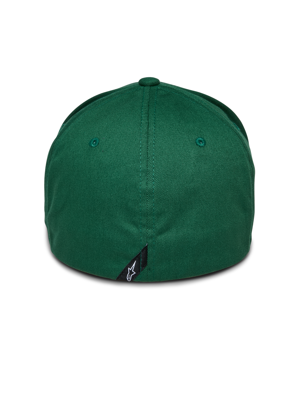 Alpinestars Cereal Hat, Green, back view of flex-back baseball cap, featuring a small black Alpinestars logo tag on the rear seam, structured crown in stretch twill fabric
