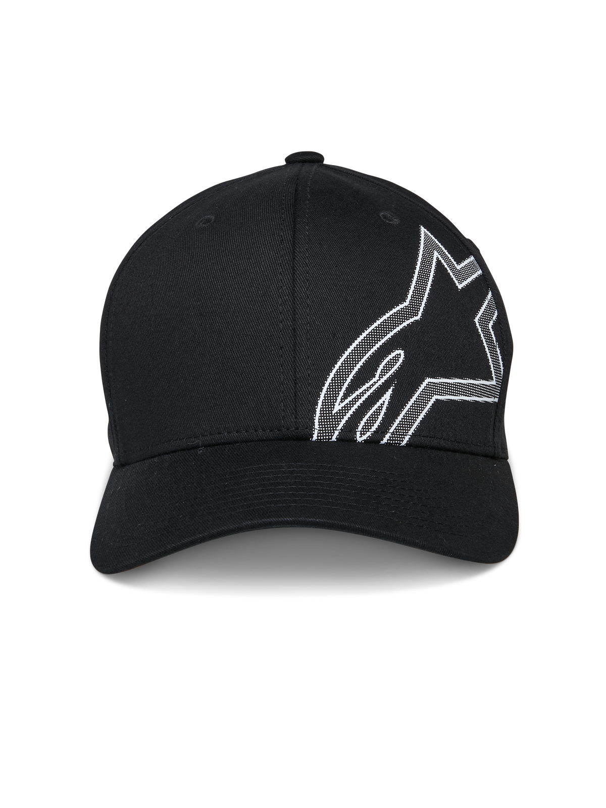 Casquette Alpinestars Share, casquette de baseball noire, avec un grand contour du logo Astars blanc en impression HD en relief sur le côté, visière incurvée, couronne structurée, style sportswear décontracté inspiré par le sport automobile