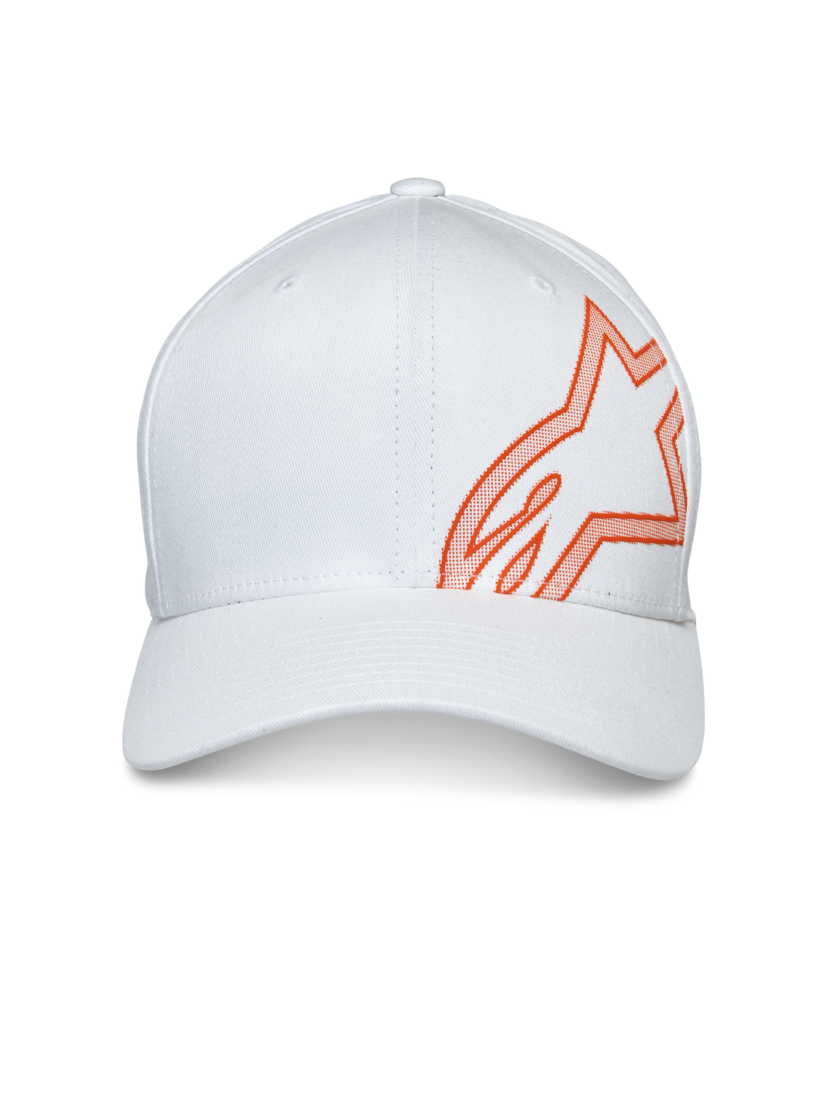 Alpinestars Share Hat, Baseball Cap, White, featuring a large orange HD puff print Astars logo on the side, curved bill with structured crown, casual motorsport headwear