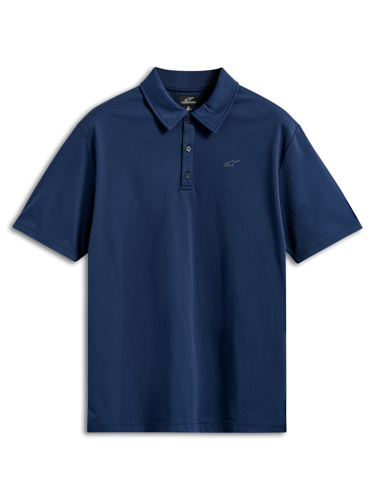 Alpinestars Impetus Sport Polo, poloshirt met korte mouwen, marineblauw, mock mesh-stof met een drieknoopssluiting en een klein grijs Astars-logo op de borst, casual motorsportkleding