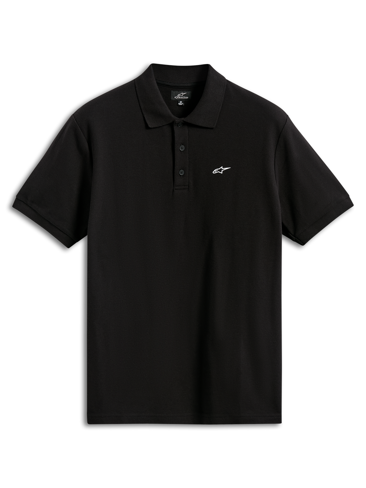 Alpinestars Endeavor Classic Polo, piqué poloshirt met korte mouwen, zwart, voorzien van een klein wit Astars-logo op de borst, sluiting met drie knopen en geribde kraag en manchetten, casual sportkleding