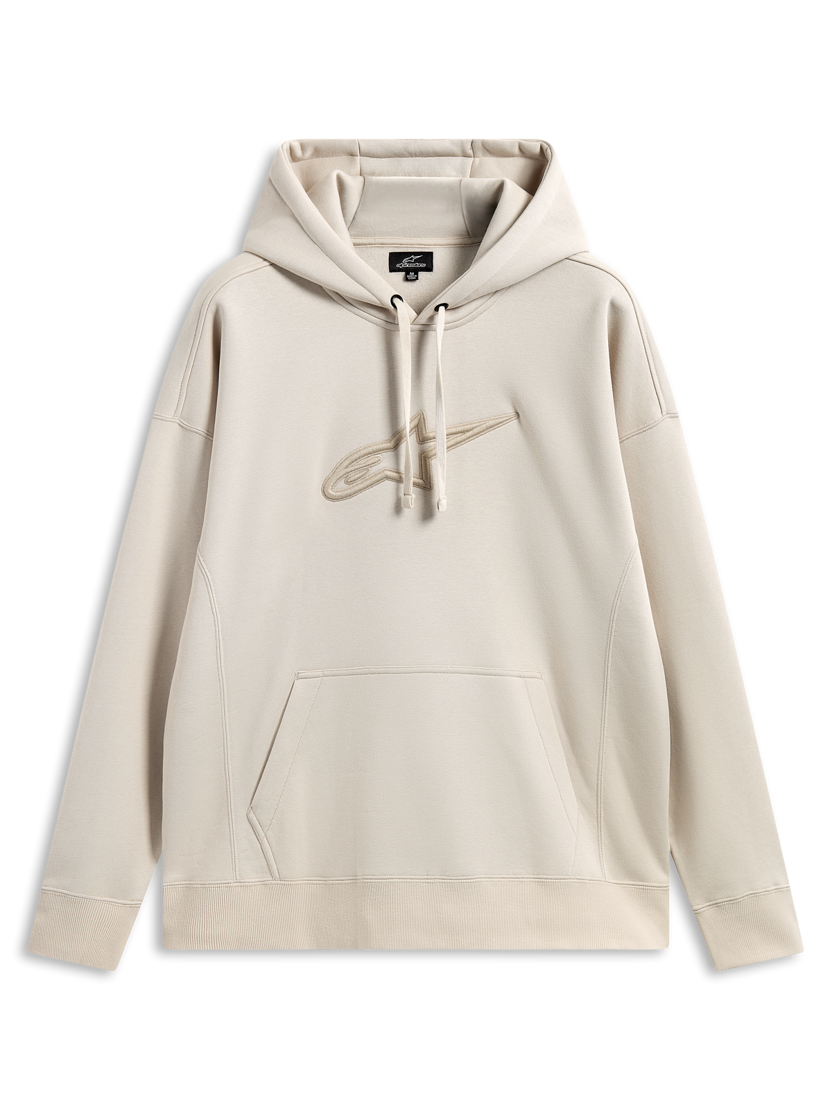 Sweat à capuche Alpinestars Emergent Oversized, streetwear motorsport décontracté, couleur sable avec logo Astars brodé en 3D ton sur ton, capuche à cordon de serrage, poche kangourou, coupe oversized décontractée