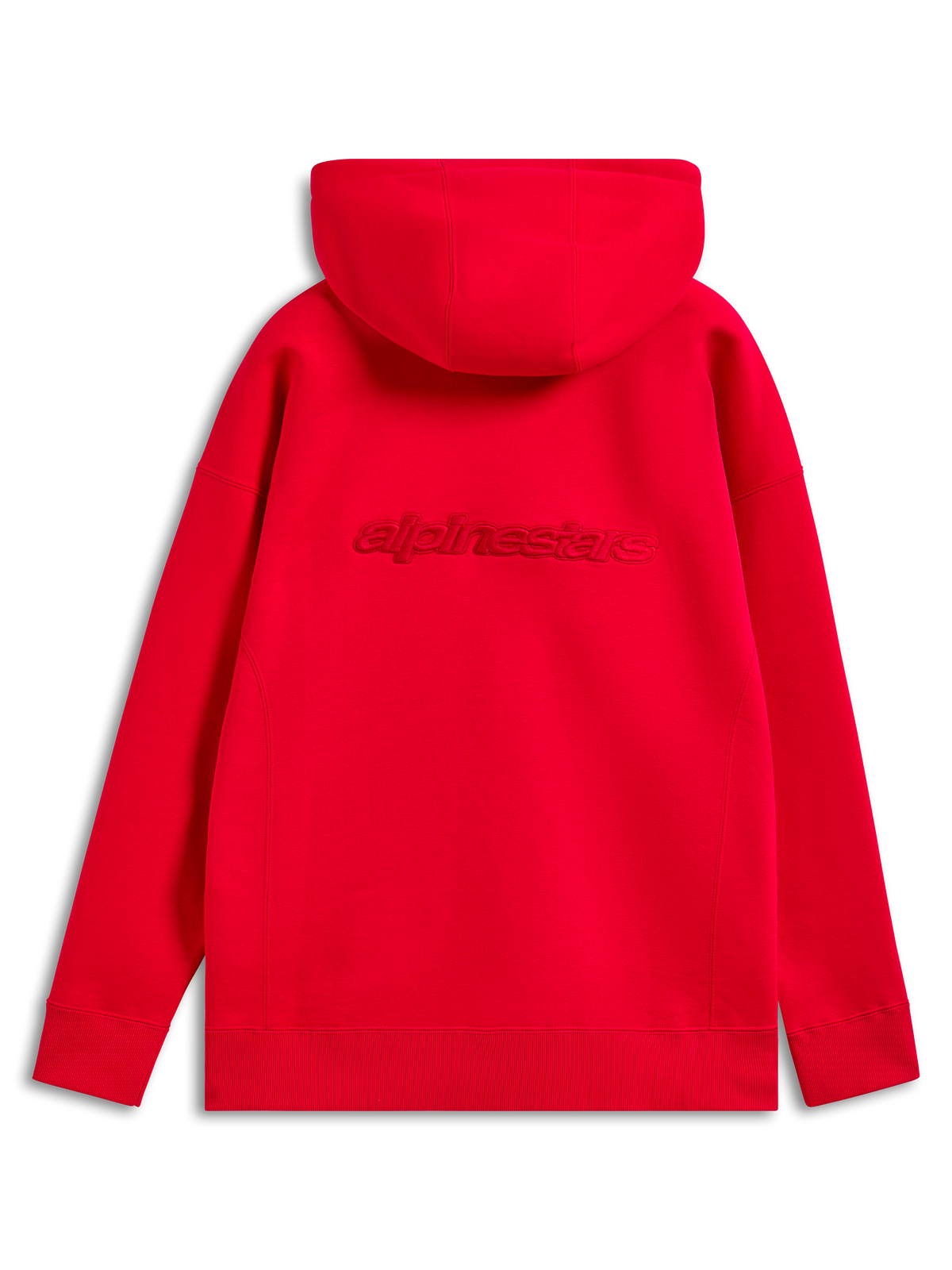 Alpinestars Emergent Oversized Hoodie, Rot, Rückansicht mit tonaler Alpinestars-Wortlogo-Stickerei auf dem Rücken, Oversized-Passform mit Rippbündchen und Saum, lässige Motorsport-Streetwear
