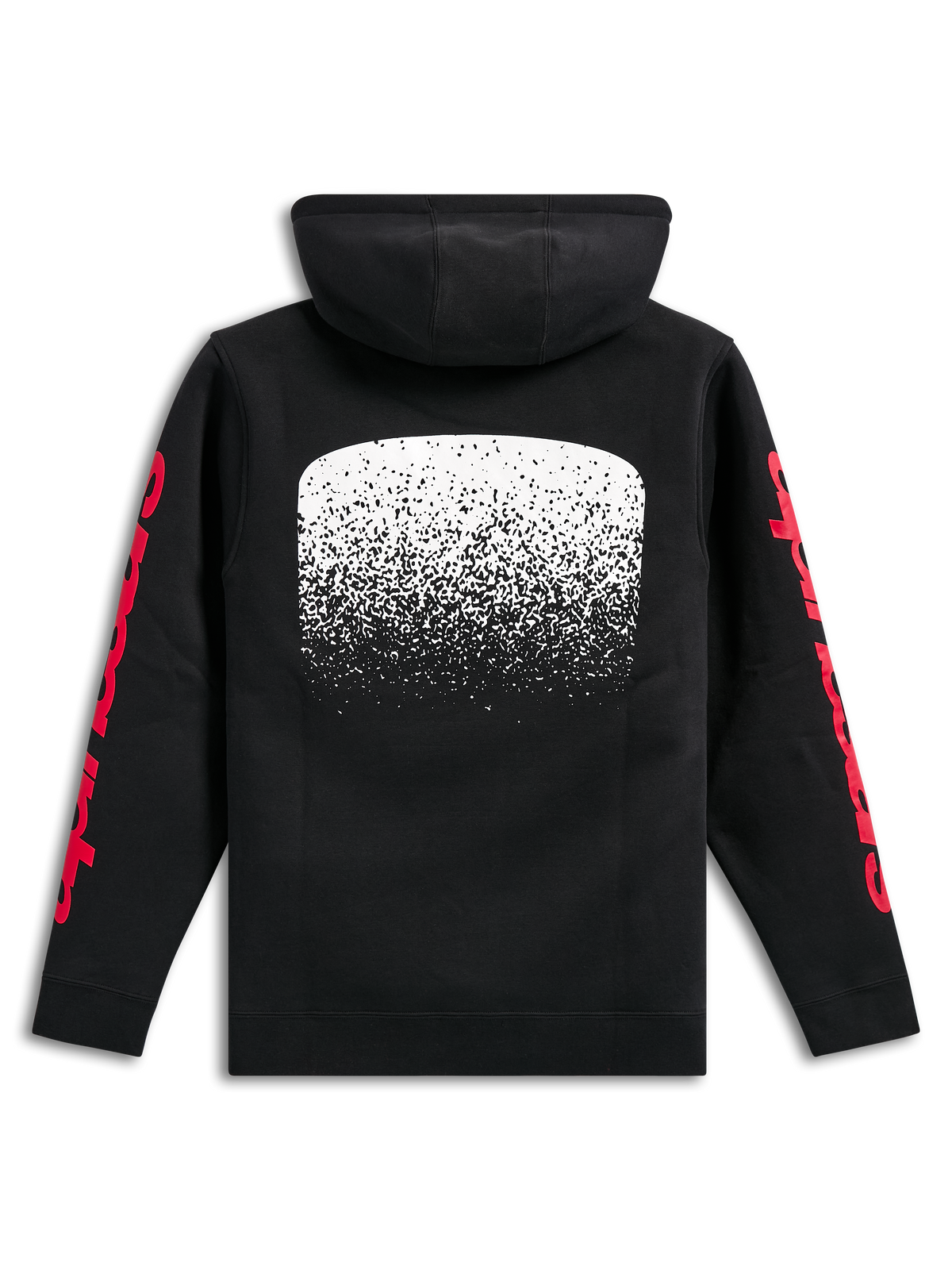 Alpinestars Obsessed Hoodie, sweat à capuche en polaire noir, vue de dos, grand motif graphique blanc avec dégradé MX au dos, logos Alpinestars rouges sur les manches, streetwear décontracté inspiré des sports mécaniques