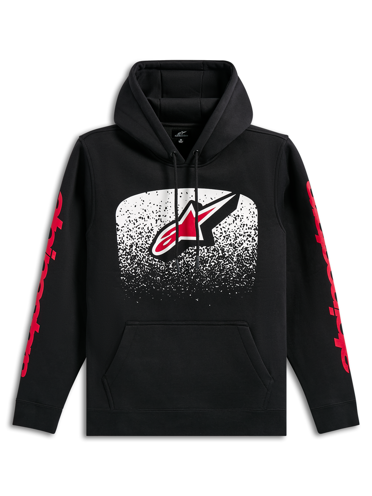 Sweat à capuche Alpinestars Obsessed, sweat à capuche noir, grand logo Astars à l'avant avec dégradé MX blanc et rouge, logos Alpinestars rouges sur les manches, capuche à cordon de serrage et poche kangourou, streetwear décontracté inspiré des sports mécaniques