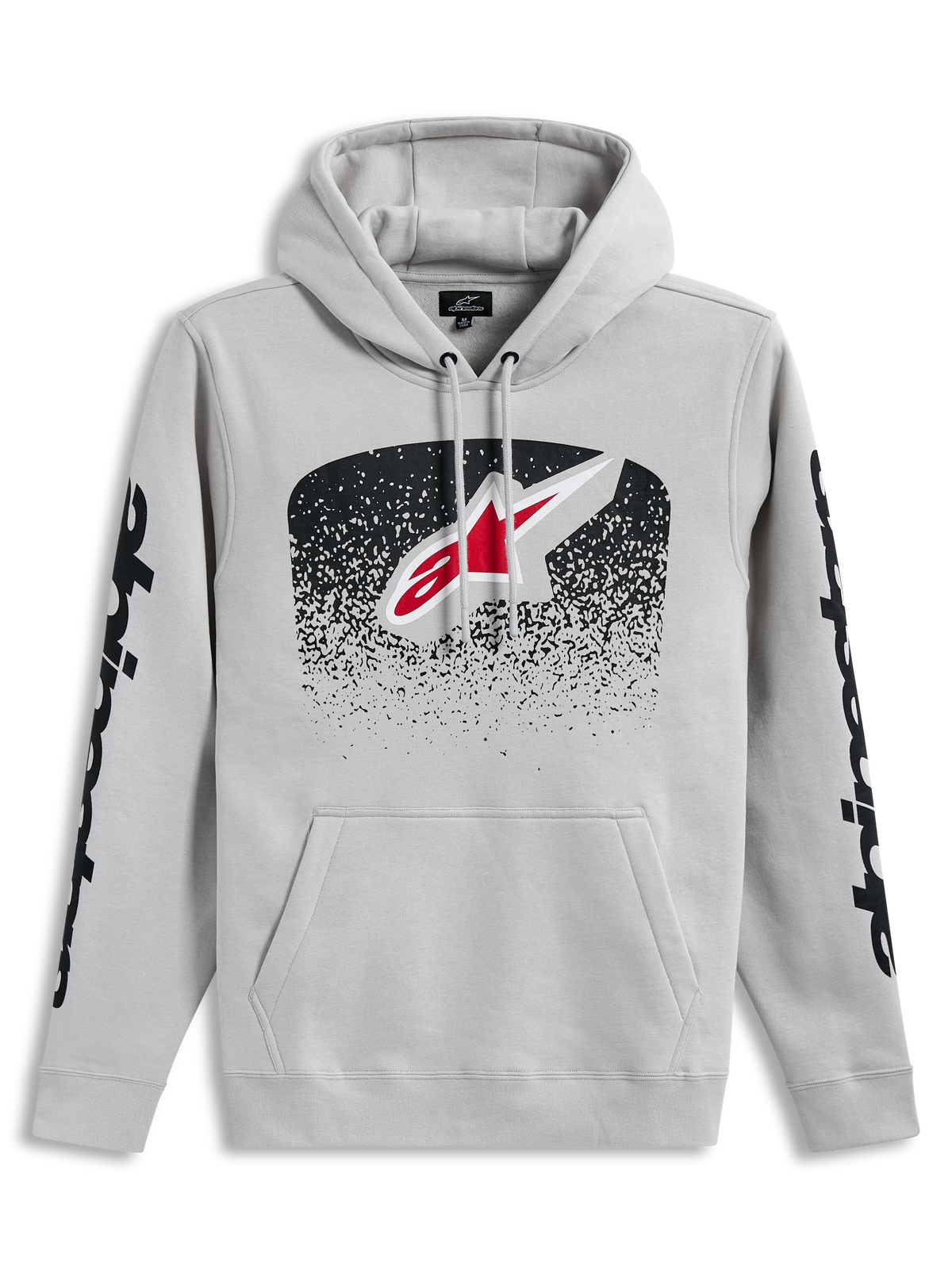 Alpinestars Obsessed hoodie, cementgrijze sportswear pullover met MX-verlooplogo en zwarte mouwgraphics.