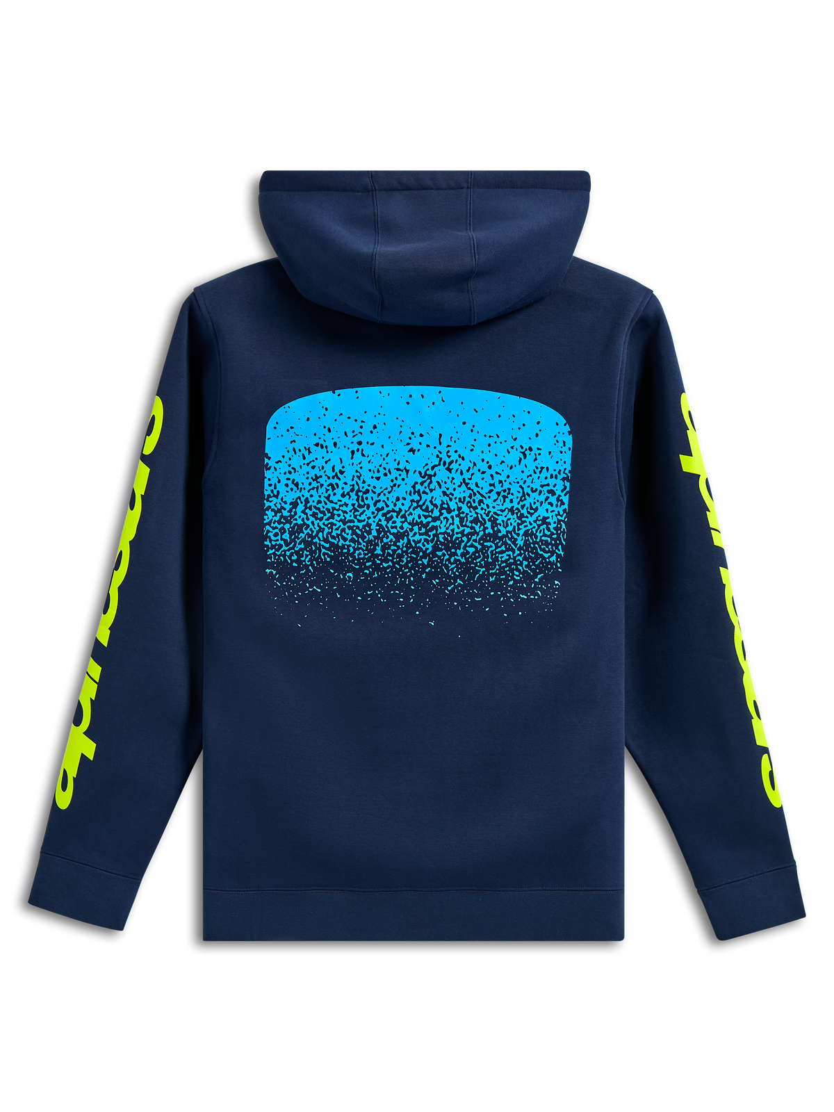 Alpinestars Obsessed Hoodie, Rückansicht, Navyblau, hellblaue MX-Farbverlaufsgrafik auf der Rückseite, gelbe Alpinestars Wort-Logos auf den Ärmeln, lässige Motorsport-Streetwear