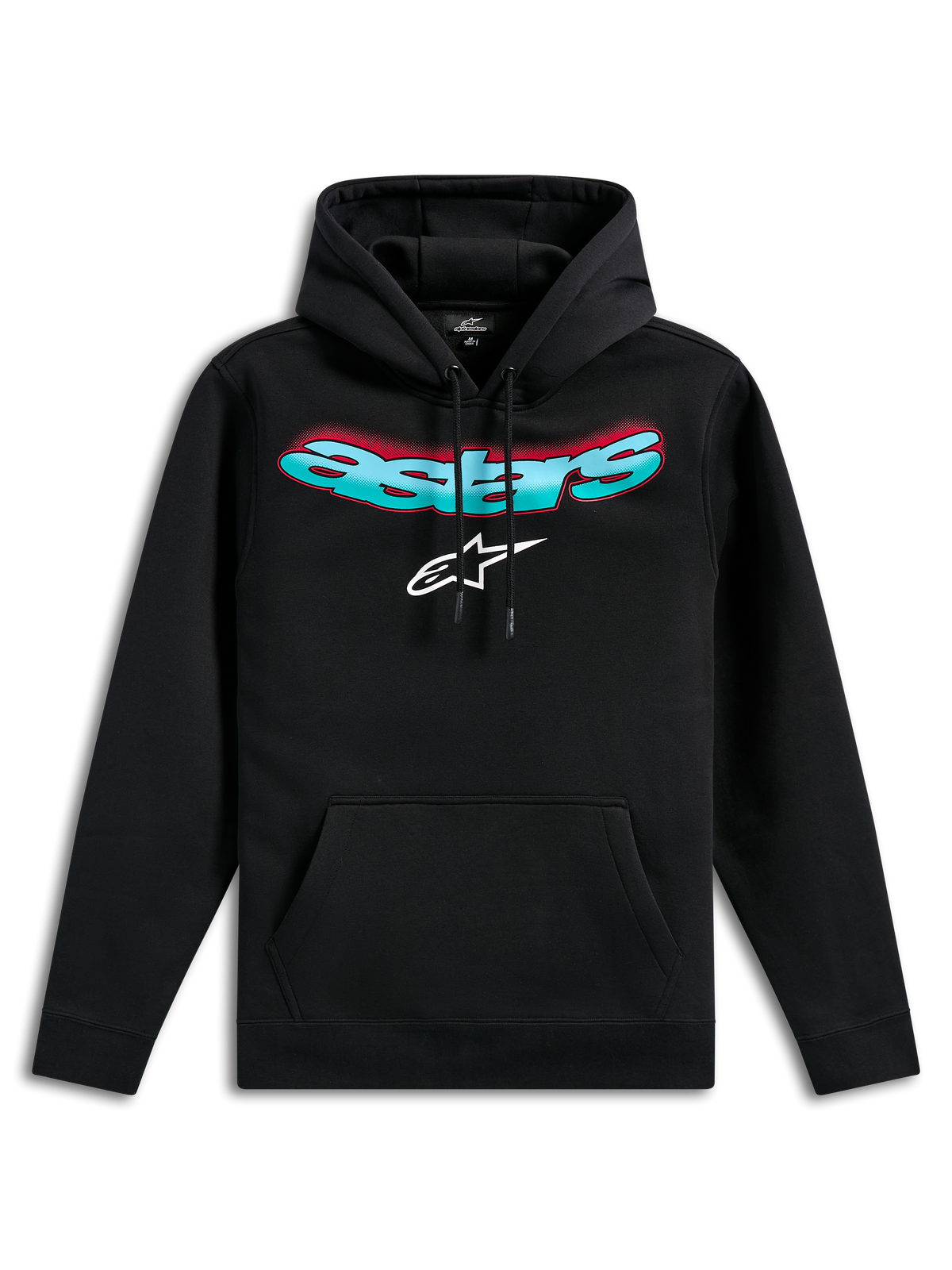 Alpinestars Ellipsoid Hoodie, schwarzer Fleece-Kapuzenpullover, mit geschwungenem Astars-Schriftzug mit Farbverlauf in Türkis und Rot und weißem Stern-Logo, Kapuze mit Kordelzug, Kängurutasche, lässige vom Motorsport inspirierte Streetwear