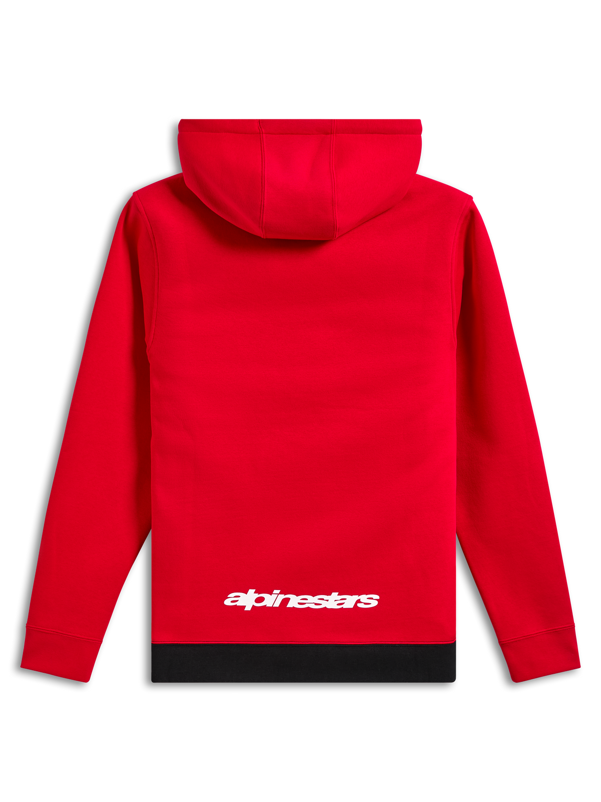 Alpinestars Parallel Hoodie, casual streetwear, rood met zwarte geribde zoom, wit Alpinestars-logo op de onderrug, pullover met capuchon, achteraanzicht