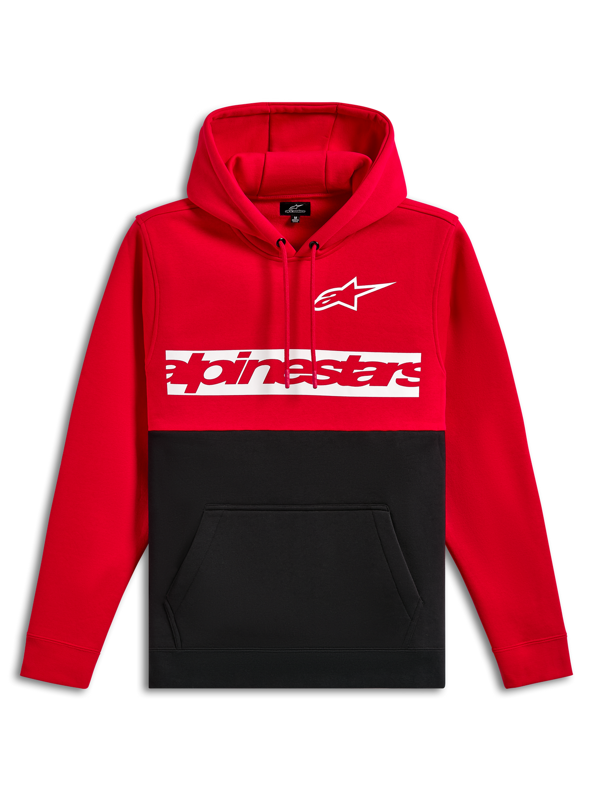 Alpinestars Parallel Hoodie, pullover fleece, rood en zwart kleurgeblokkeerd ontwerp, wit Astars-logo en rood Alpinestars-woordlogo op een witte borststreep, capuchon met trekkoord, kangoeroezak, casual motorsport streetwear