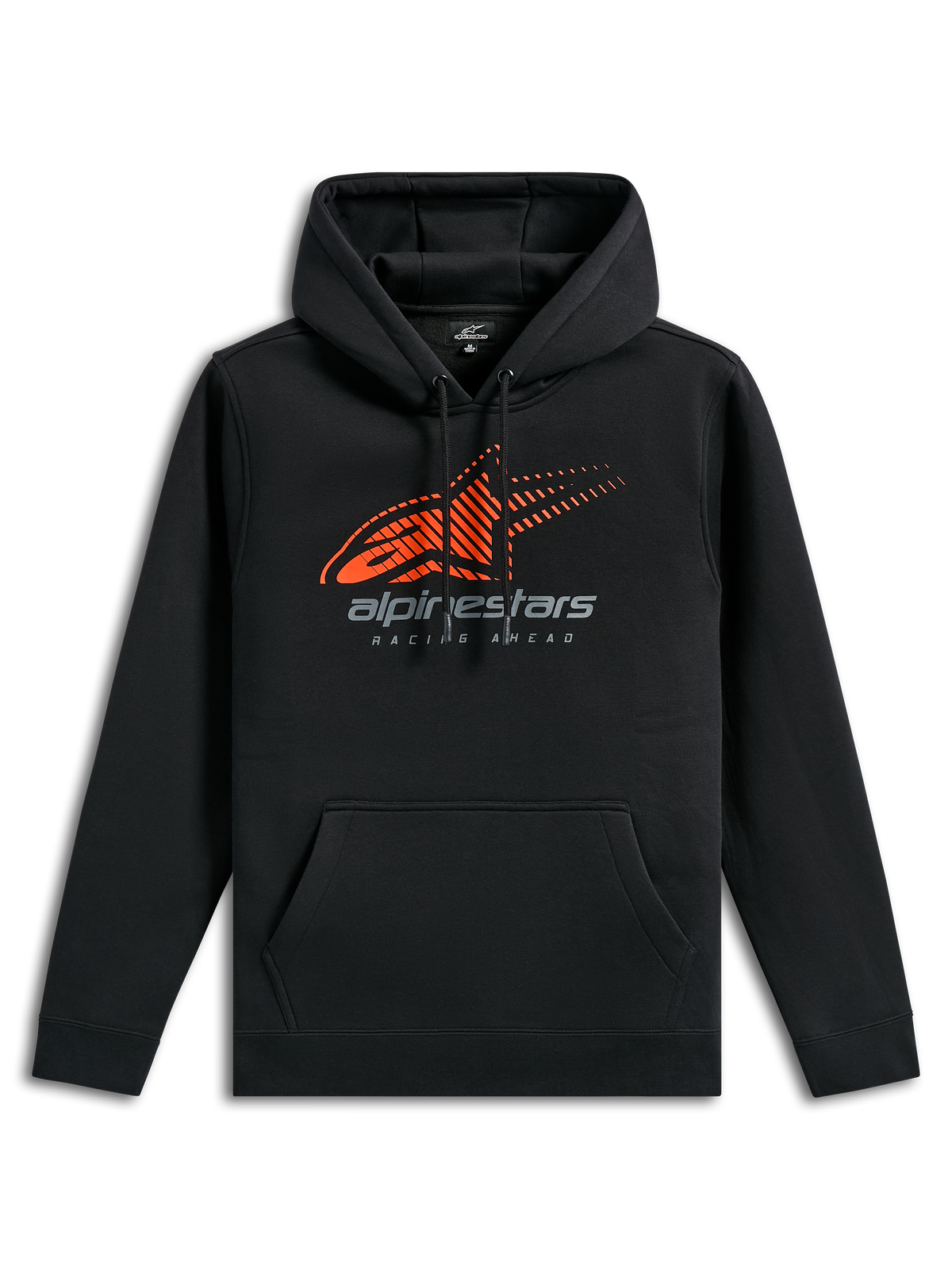 Alpinestars Pulse Hoodie, zwarte casual sportkleding, voorzien van een oranje Astars-logo met speed line fade op de borst, grijze alpinestars-branding, kangoeroezak aan de voorkant en capuchon met trekkoord