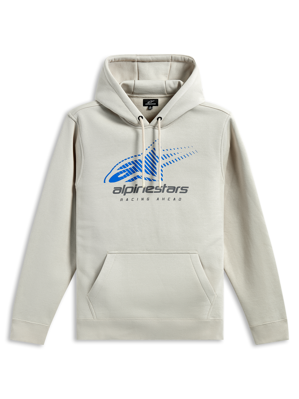 Sweat à capuche Alpinestars Pulse, streetwear décontracté, blanc cassé avec logo Astars bleu et marquage gris, poche kangourou à l'avant, capuche à cordon de serrage, manches longues, design moderne inspiré du sport automobile