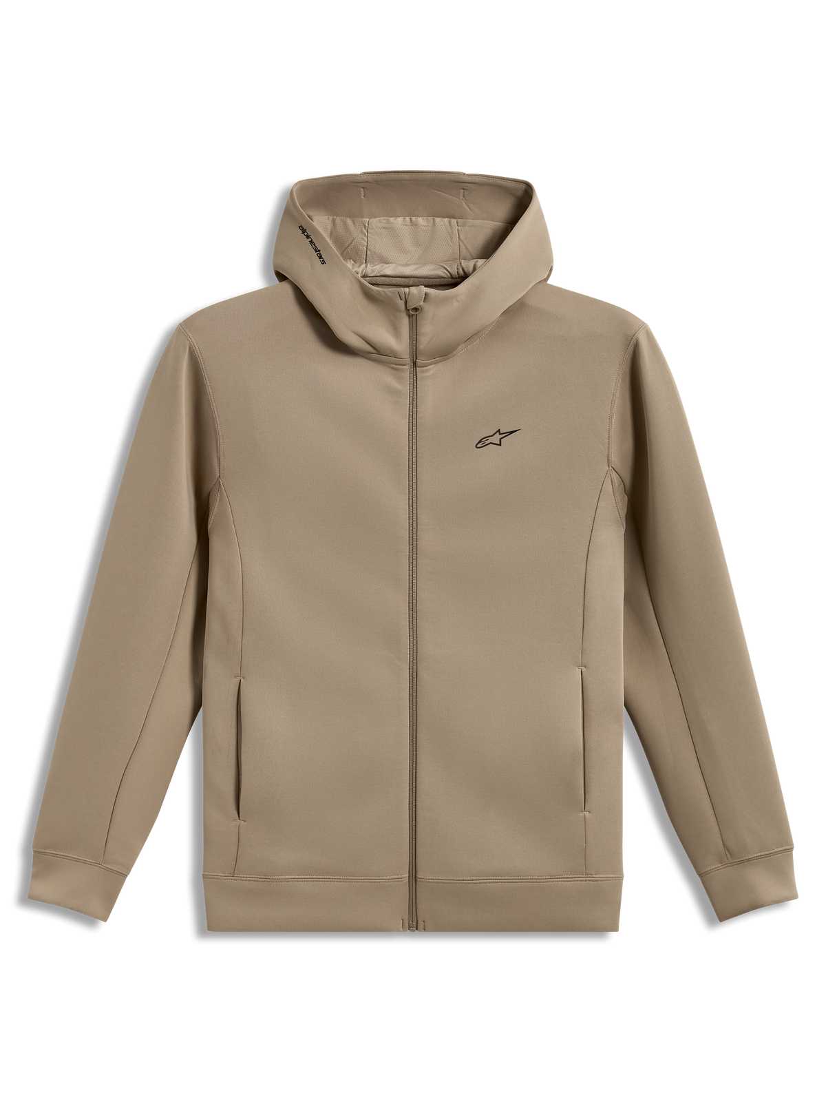 Alpinestars Cypher Hoodie, Putty beige zip-front fleece with mesh-lined high-neck hood and Astars logo.