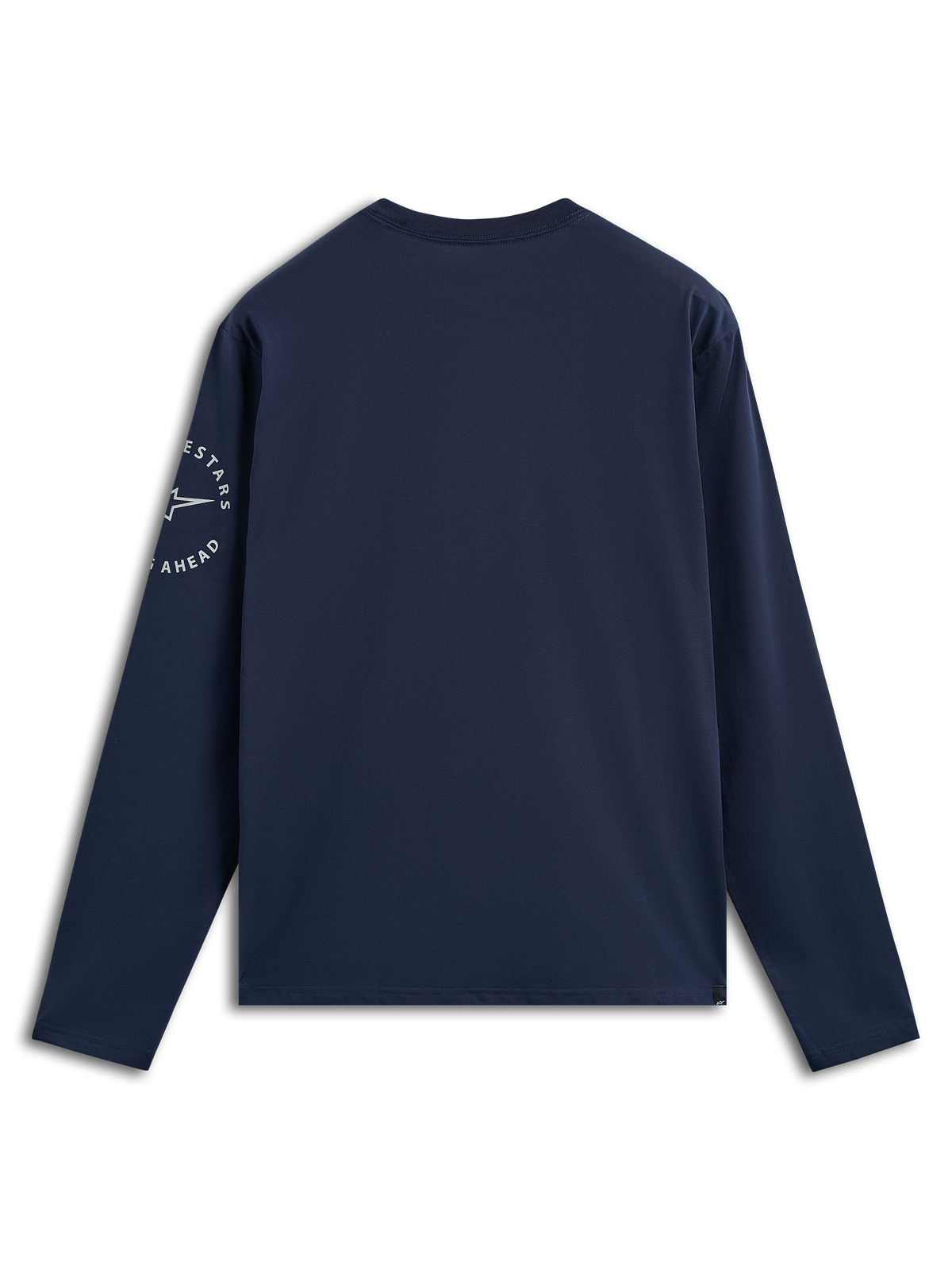 Alpinestars Mandatory CSF Tee, t-shirt à manches longues, bleu marine, vue arrière montrant le logo circulaire Astars blanc sur la manche gauche, streetwear décontracté inspiré du sport automobile