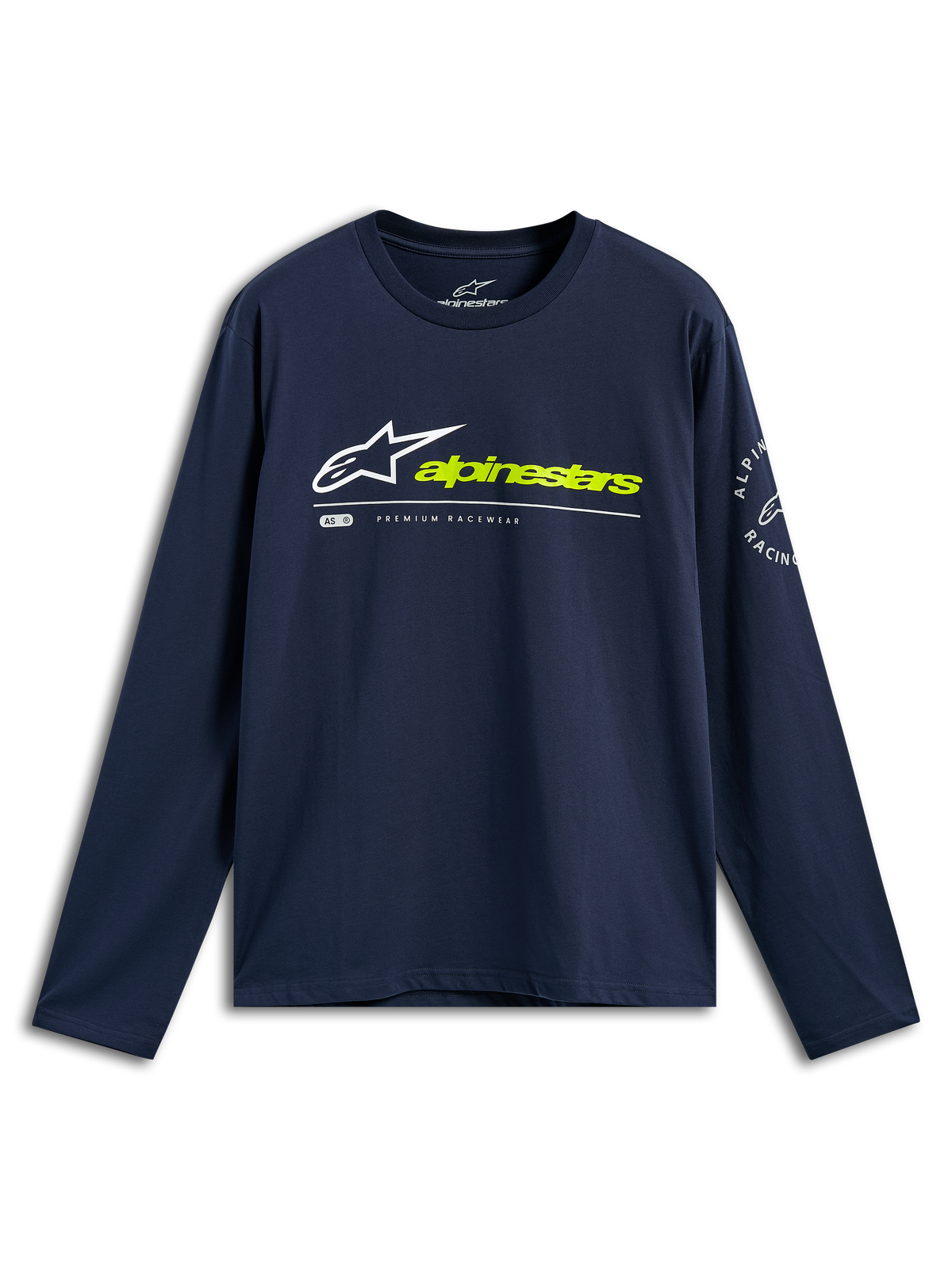 T-shirt à manches longues Alpinestars Mandatory CSF, bleu marine, logo Astars blanc et texte Alpinestars jaune fluo sur le devant, logo circulaire sur la manche, vêtement sportswear décontracté
