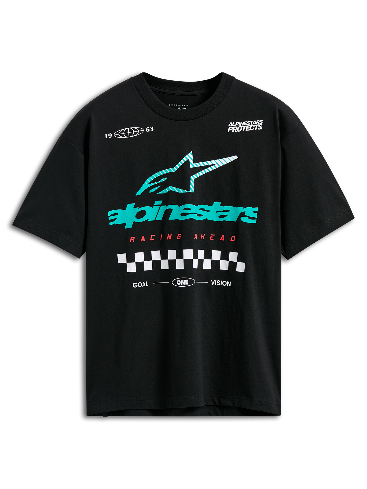 Alpinestars Aplomb Oversized CSF Tee, kurzärmeliges T-Shirt, Schwarz, großes blaugrün und weiß gestreiftes Astars-Logo, roter „Racing Ahead“-Schriftzug und Karografik, lässige Motorsport-Streetwear