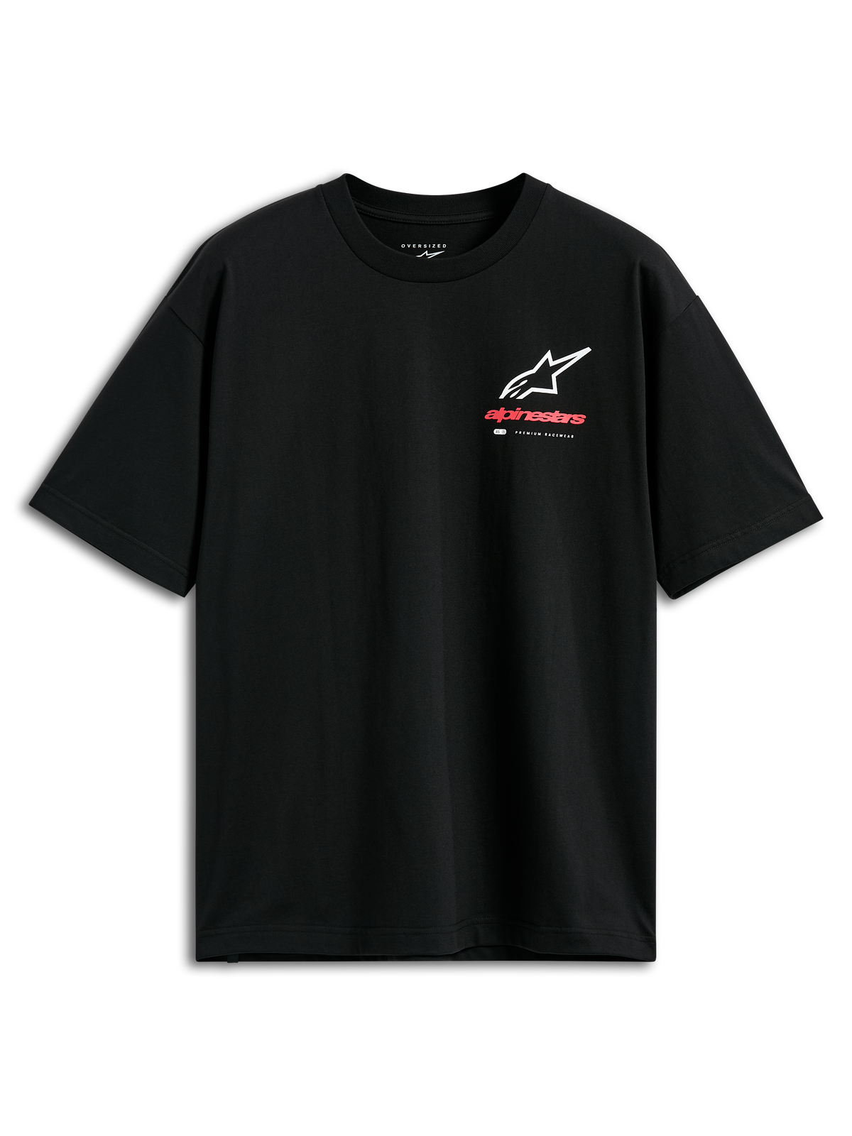 Alpinestars Overhang Oversized CSF Tee, T-shirt met korte mouwen, zwart, Astars logo-combinatie op de voorzijde in wit en rood met 'Premium Racewear' branding, oversized pasvorm, casual motorsport streetwear