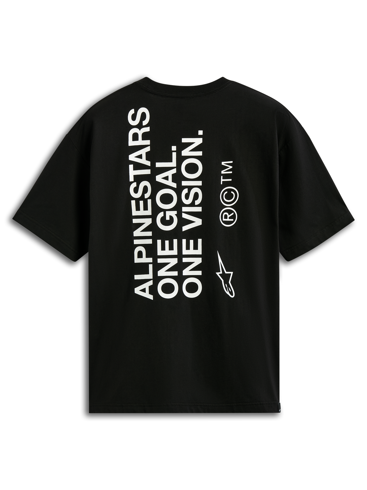 Alpinestars One Oversized CSF Tee, t-shirt à manches courtes, noir, vue arrière avec texte vertical blanc 'ALPINESTARS ONE GOAL. ONE VISION.' et logo Astars, style streetwear motorsport décontracté