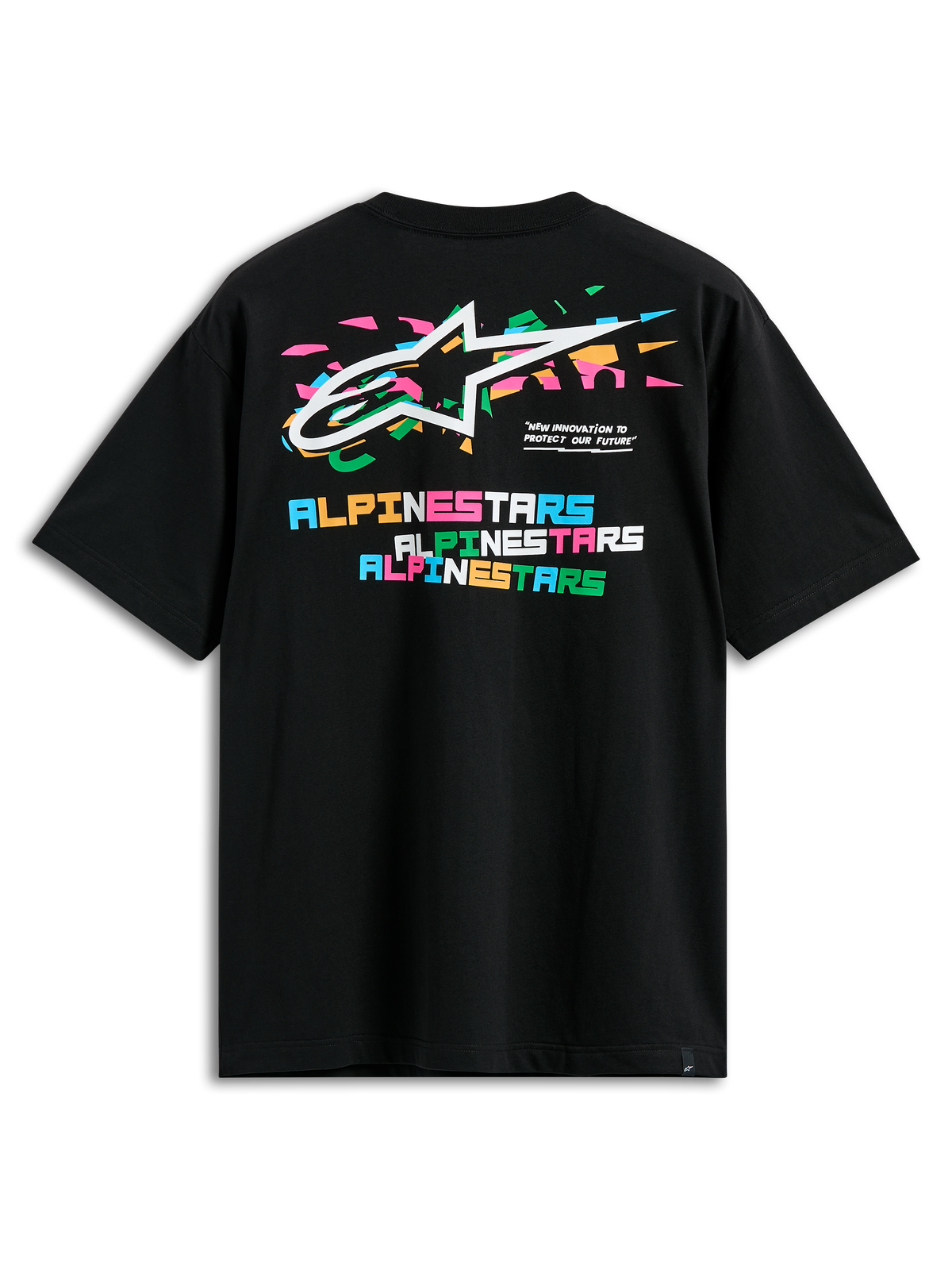 Alpinestars Wild Oversized CSF Tee, t-shirt à manches courtes, noir, vue de dos avec logo Astars multicolore vibrant et lettrage Alpinestars en blocs superposés, streetwear décontracté