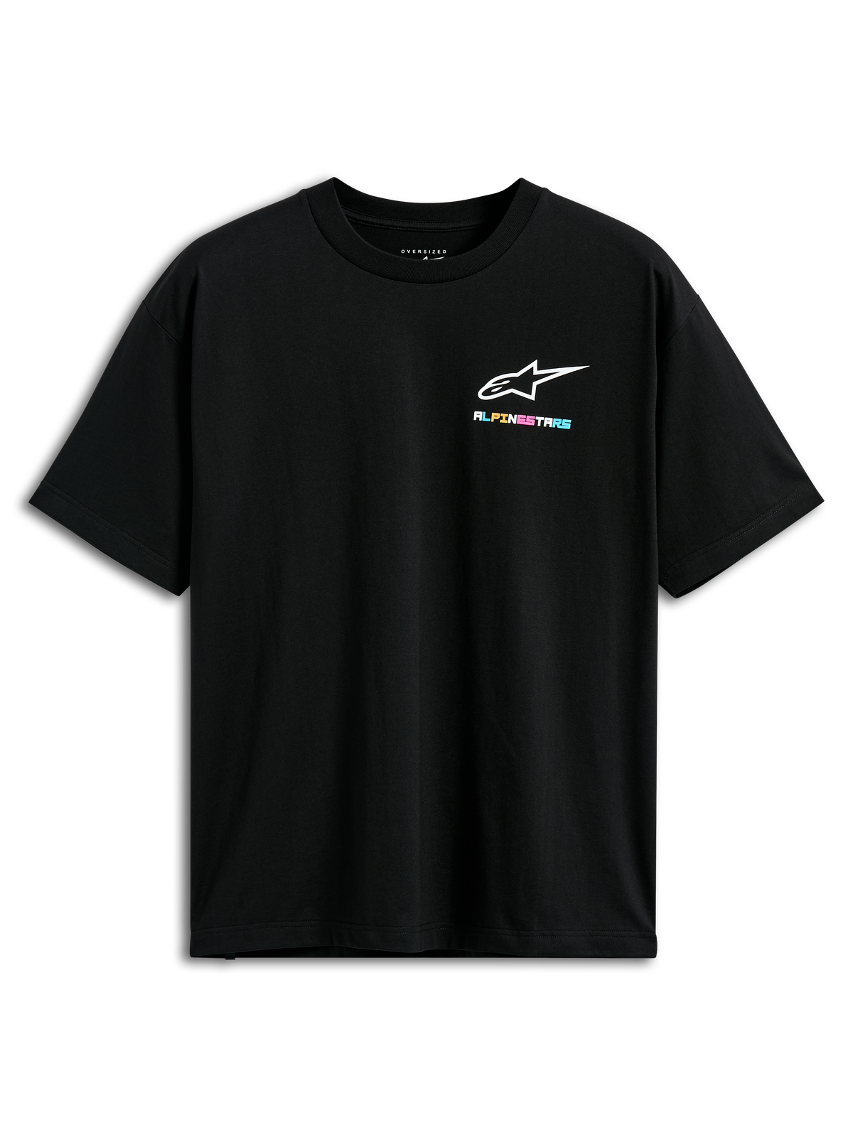 Alpinestars Wild Oversized CSF Tee, T-shirt à manches courtes, noir, avec un petit logo Alpinestars multicolore vibrant sur la poitrine, coupe surdimensionnée, style streetwear décontracté