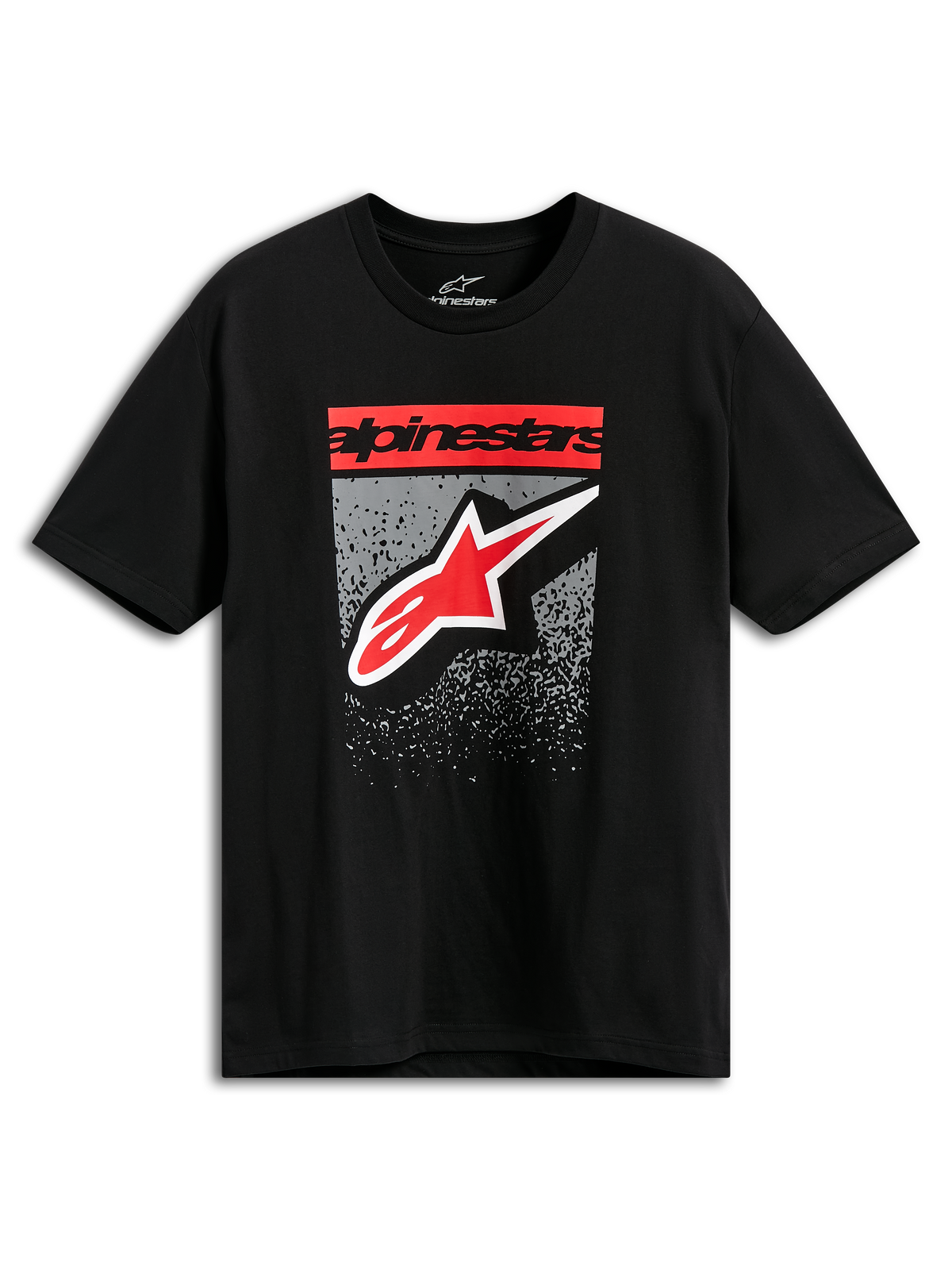 Alpinestars Noka CSF Tee, Kurzarm-T-Shirt, Schwarz, roter Alpinestars-Blocktext und Stern-Logo mit grauer MX-Verlaufsgrafik, lässige Motorsport-Streetwear