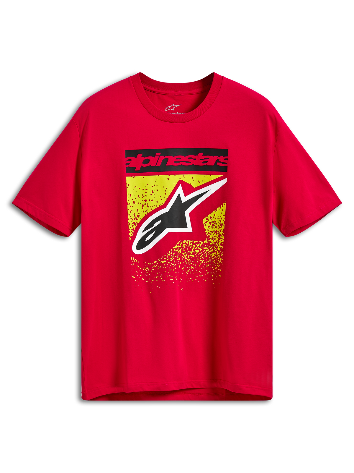 Alpinestars Noka CSF Tee, T-shirt met korte mouwen, rood, grafische print op de voorzijde met zwarte Alpinestars-tekstbalk en groot Astars-logo over een geel en rood MX-kleurverloop met spatter-effect, casual motorsport sportkleding