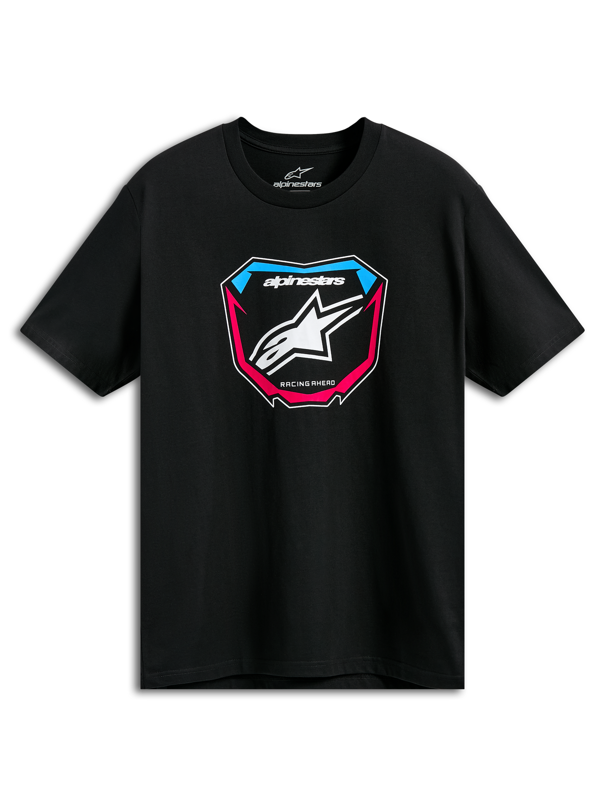 T-shirt Alpinestars Plate CSF, t-shirt à manches courtes, noir, graphique de plaque MX à l'avant avec logo étoile blanc et accents bleus et roses, vêtement sportswear décontracté motorsport