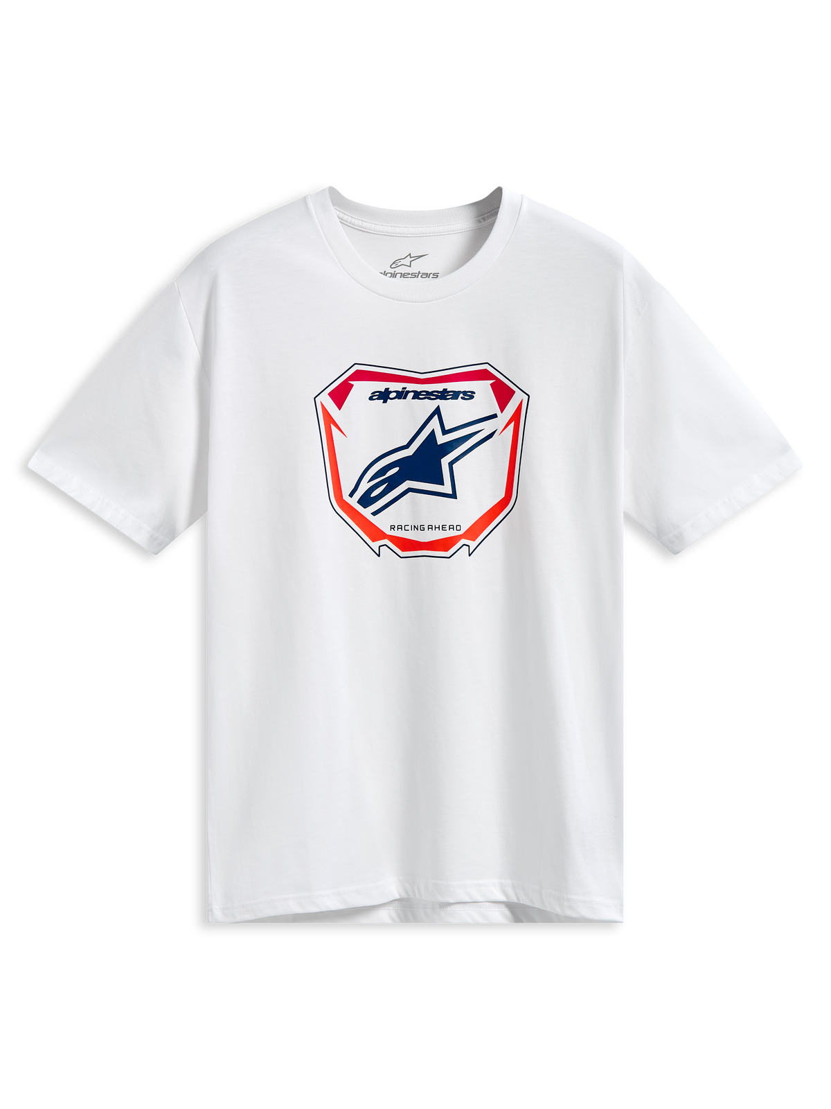 Alpinestars Plate CSF Tee, Kurzarm-T-Shirt, Weiß, zentrale MX-Plattengrafik mit blauem Astars-Logo sowie roten und orangefarbenen Akzenten, lässige Motorsport-Streetwear