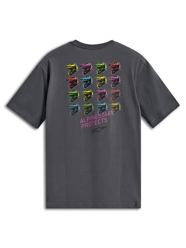 Alpinestars Pop Helmet CSF Tee, T-shirt met korte mouwen, antracietgrijs, grafische print op de achterkant met kleurrijke M10-helmen en Alpinestars Protects-logo, casual motorsport sportkleding