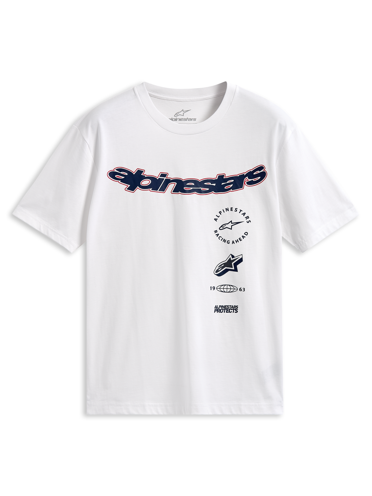 Alpinestars Abus CSF Tee, kurzärmeliges T-Shirt, Weiß, gebogenes navyblaues Alpinestars-Logo mit roter Umrandung, mehrere übereinander angeordnete Grafiken auf der Vorderseite, lässige Motorsport-Streetwear