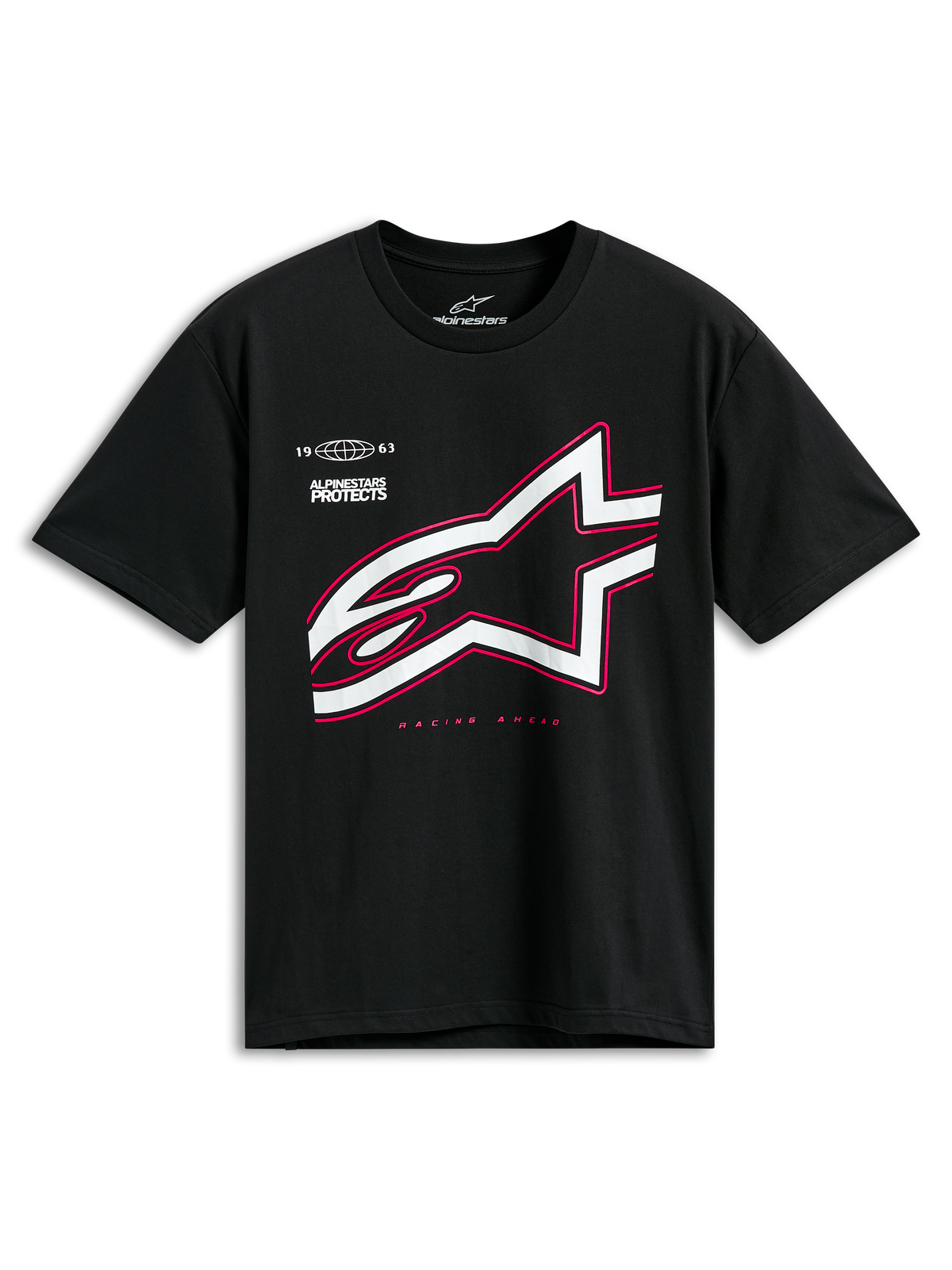 Alpinestars Authority CSF Tee, Kurzarm-T-Shirt, Schwarz, großes weißes Astars-Logo mit pinkfarbenem Umriss, mit den Schriftzügen „Alpinestars Protects“ und „Racing Ahead“, lässige Motorsport-Streetwear