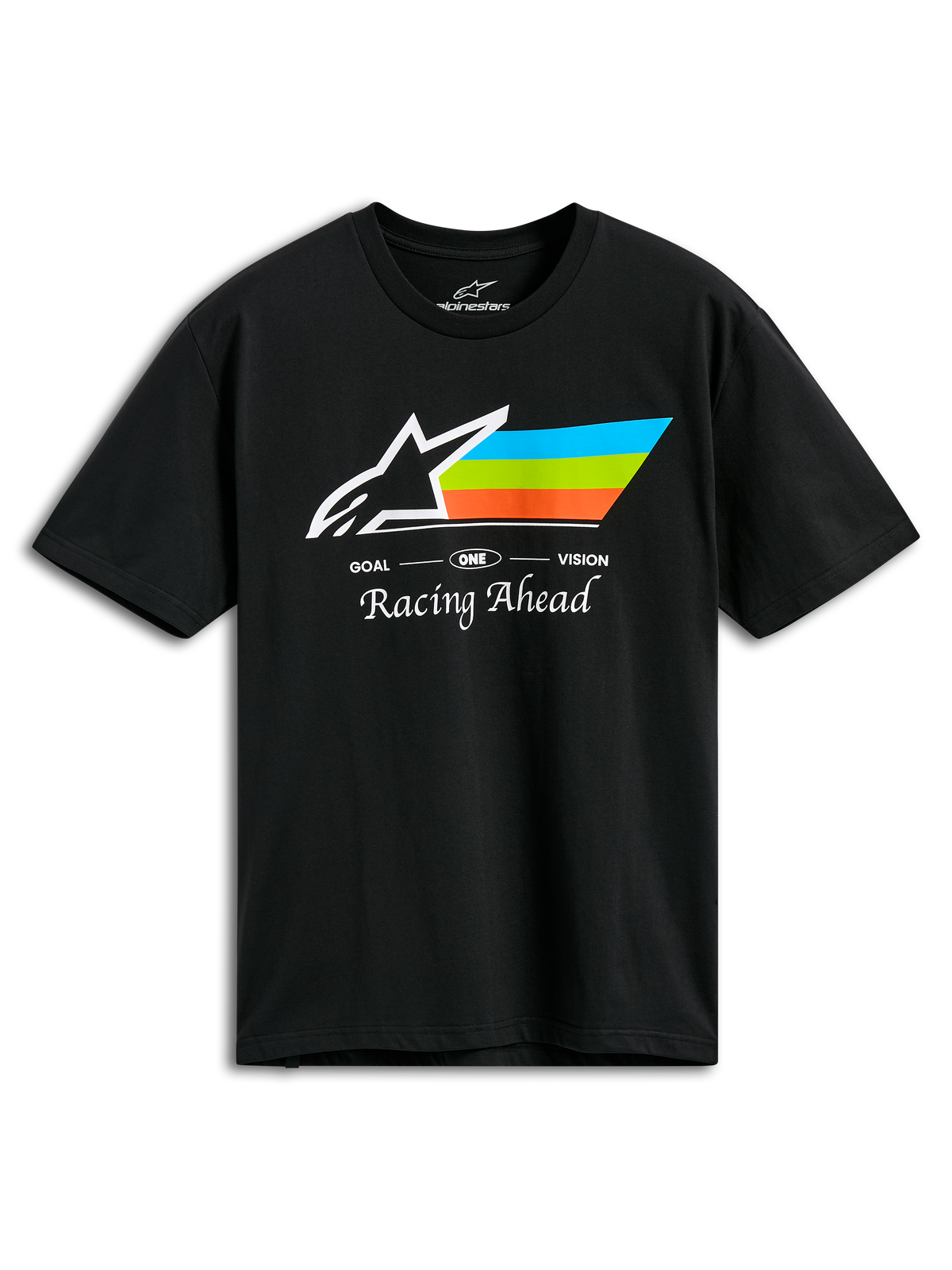Alpinestars Trifecta CSF Tee, T-shirt met korte mouwen, zwart, voorzien van wit Astars-logo met cyaanblauwe, groene en oranje strepen, 'Racing Ahead' tekst, casual motorsport sportkleding