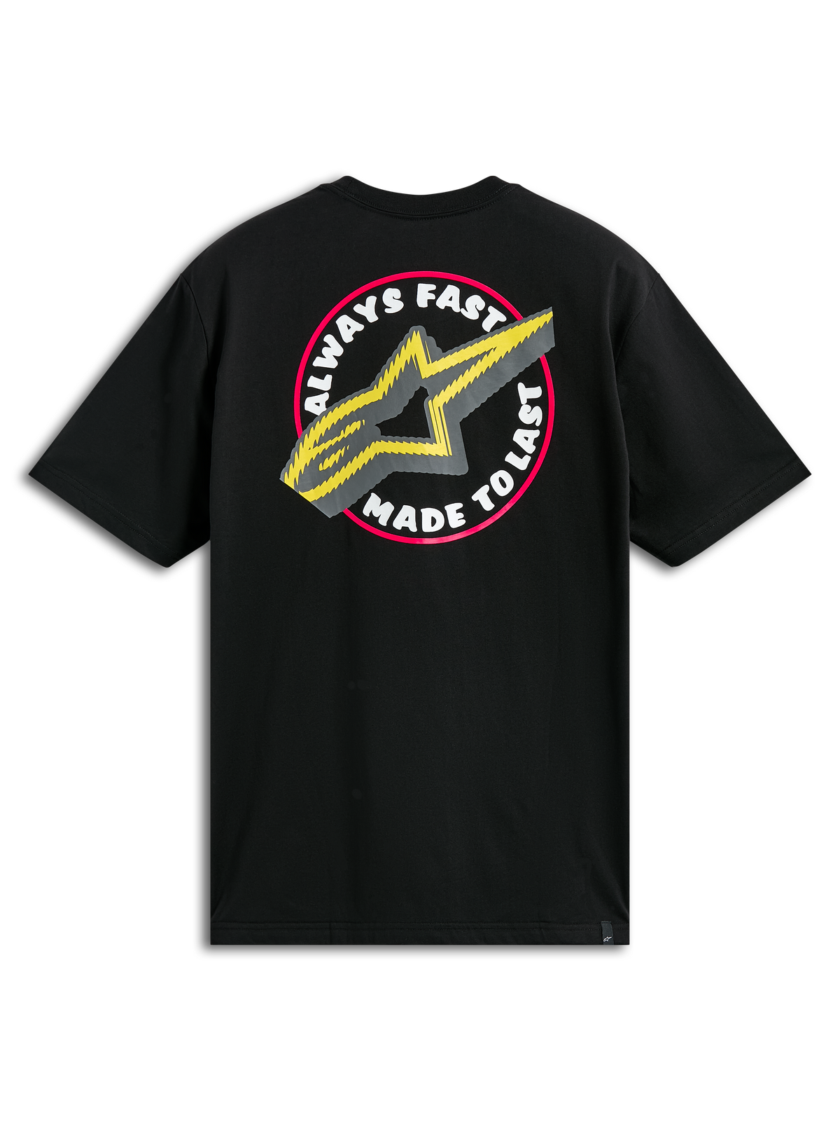 Alpinestars Aorbit CSF Tee, T-shirt met korte mouwen, zwart, grote ronde grafische print op de achterkant met 'Always Fast Made to Last' tekst en geel A-star logo, casual motorsport streetwear