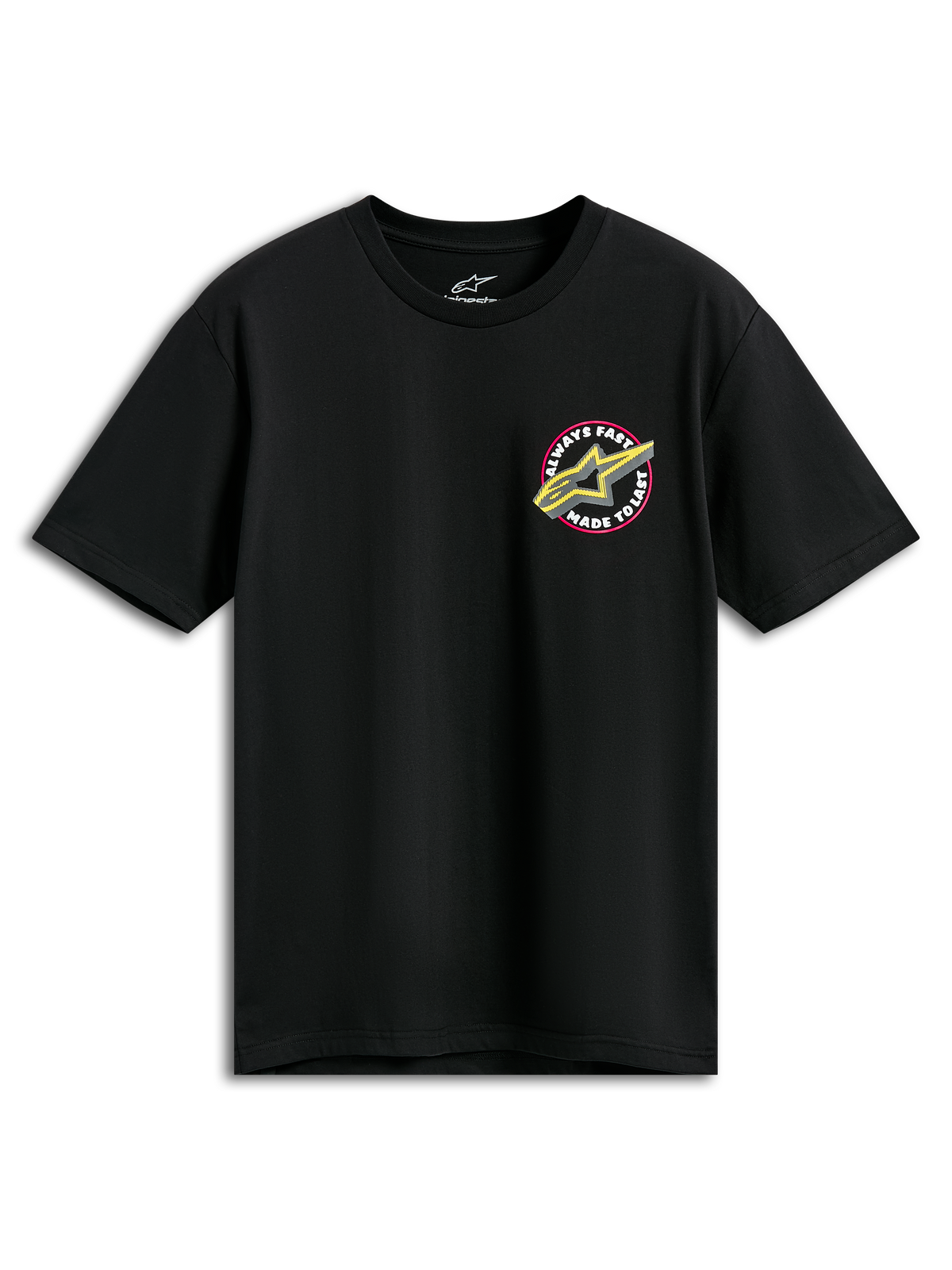 Alpinestars Aorbit CSF Tee, T-shirt met korte mouwen, zwart, roze en geel Astars-logo met Always Fast Made to Last-opdruk, casual motorsport sportkleding